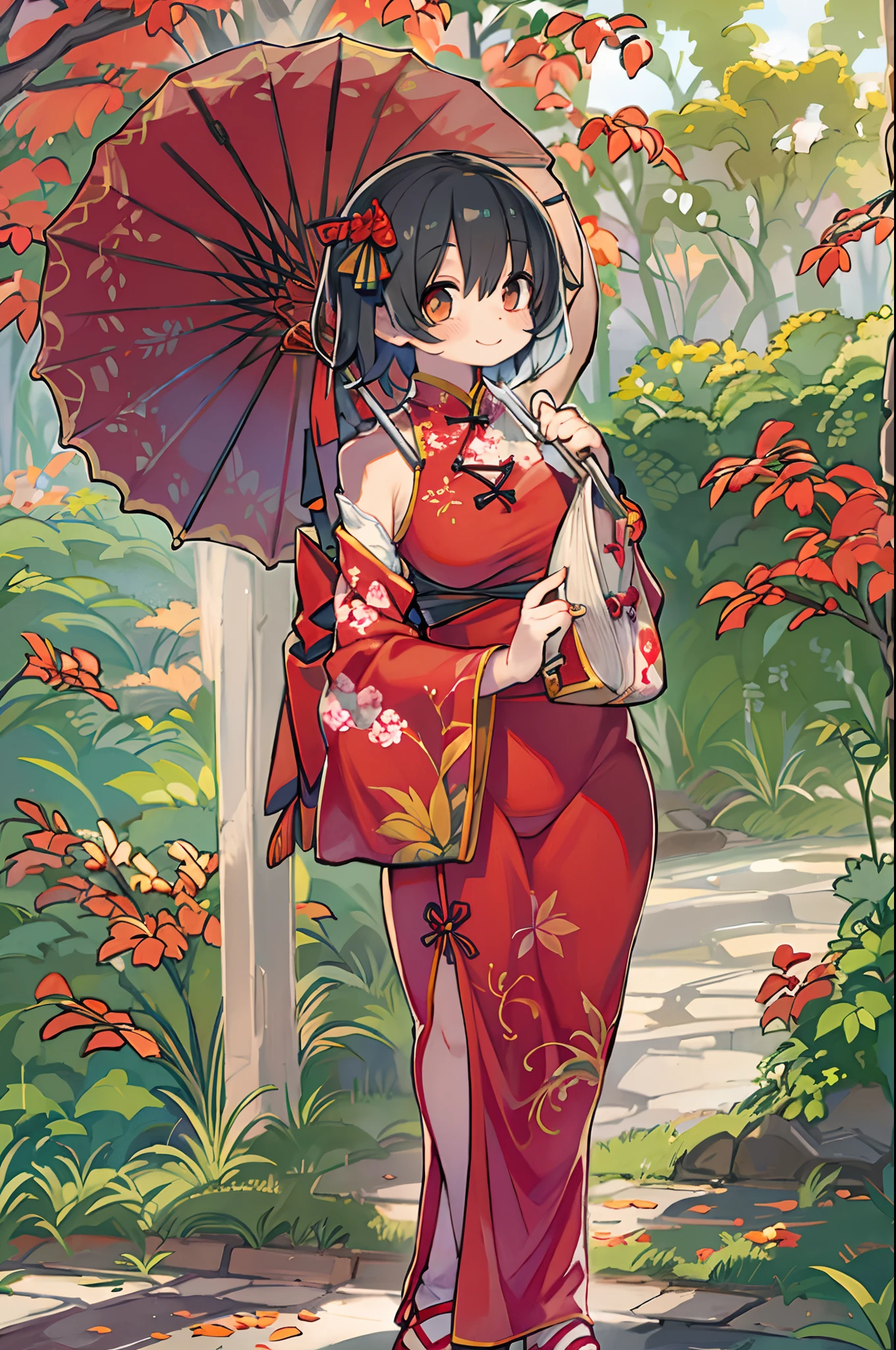 red Cheongsam, 1girl in, Solo, Black hair, Short hair, Upper body, Smile, parasol, maturefemale,