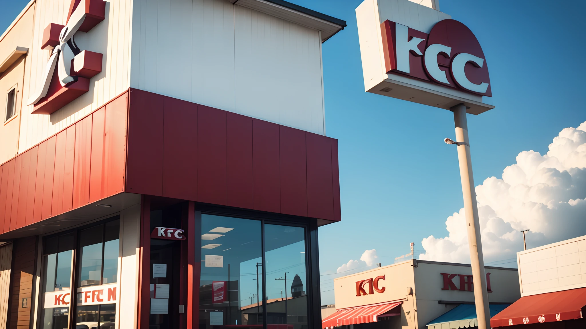 Show an inviting KFC restaurant, its red and white sign standing proudly against a clear blue sky.