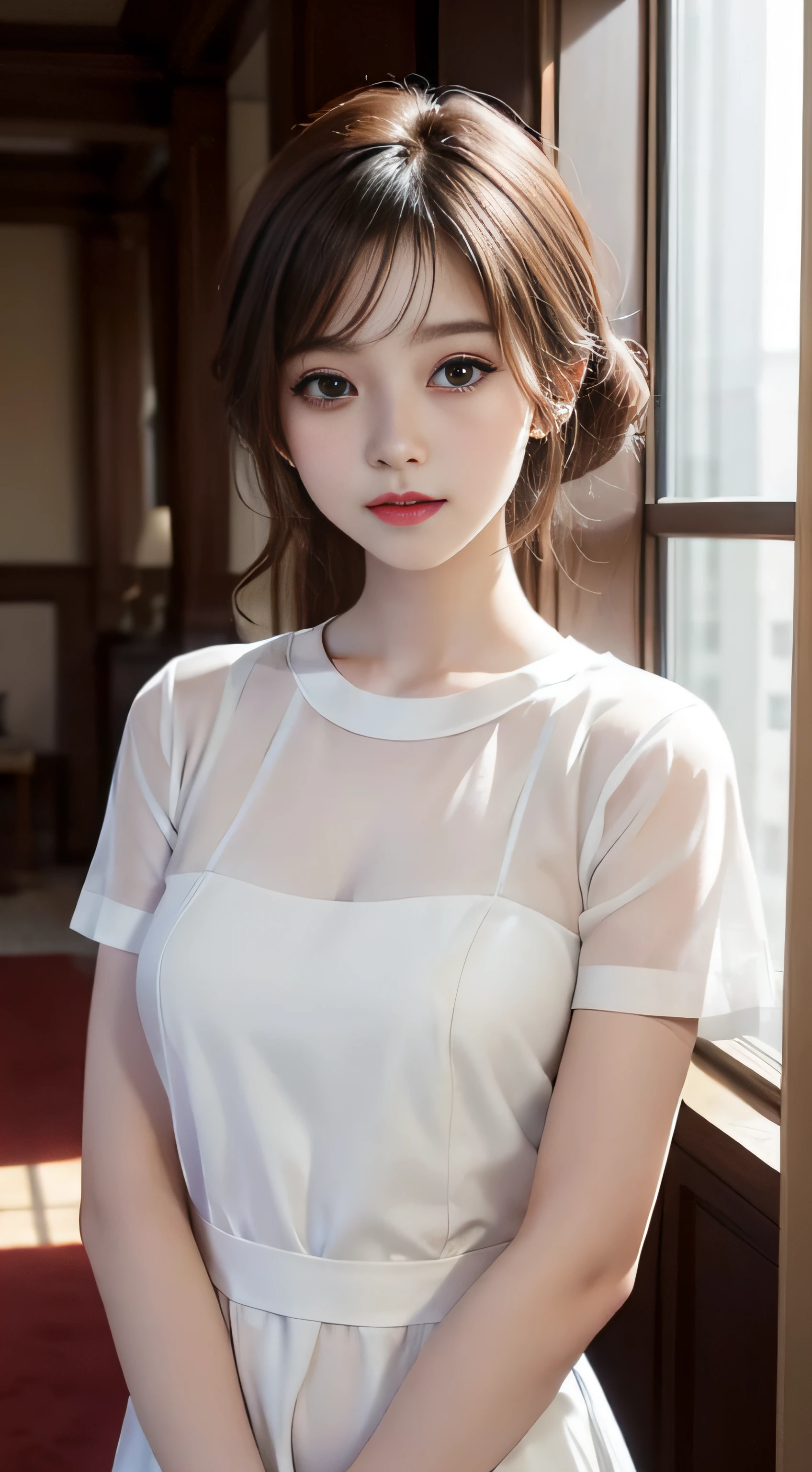 masterpiece、Top image quality:1.2、((beautiful young woman with))、Transparent skin:1.2、{A slight smil}、(kawaii)、Short sleeve knit、Light khaki、luxury hotel、depth of fields