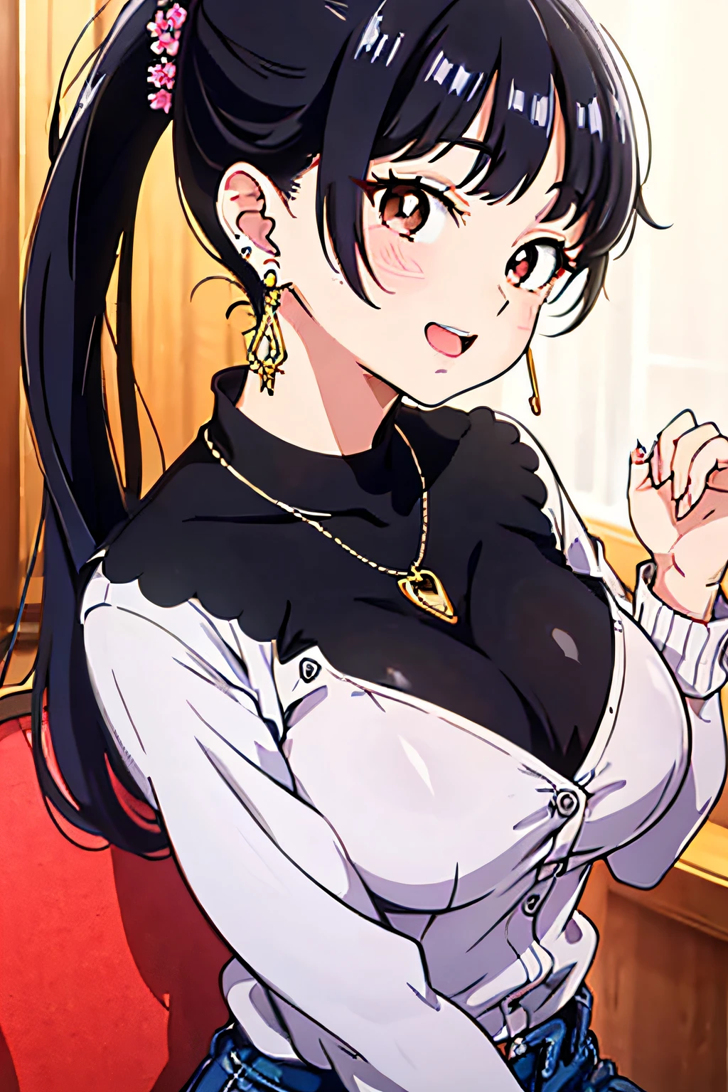 1girl
:d
bangs
black_hair
brown_eyes
crescent_earrings
cross_earrings
earrings
flower_earrings
heart_earrings
hoop_earrings
jewelry
long_hair
looking_at_viewer
open_mouth
piercing
ponytail
smile
solo
stud_earrings
rating:safe