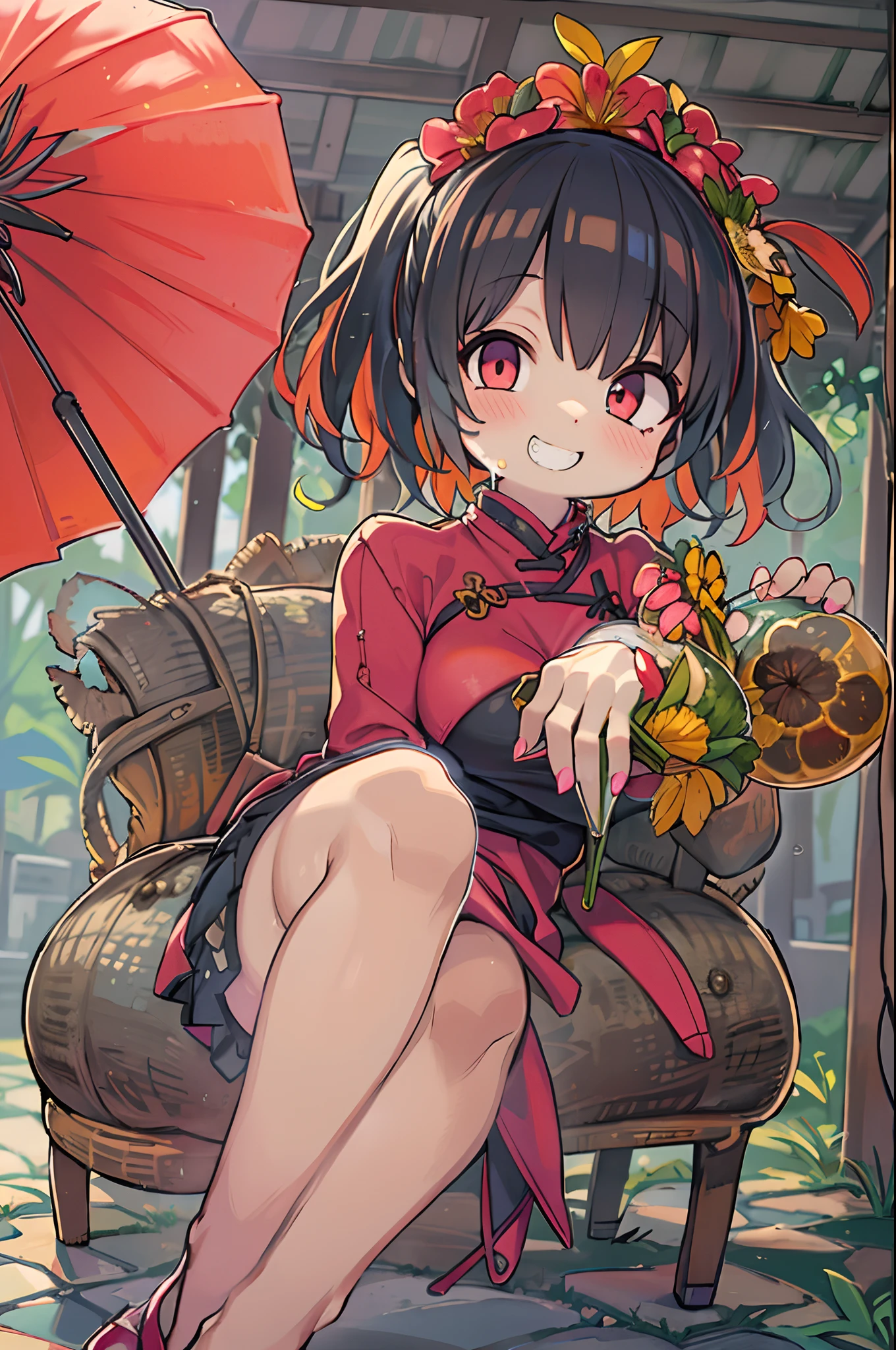 red Cheongsam, 1girl in, Solo, Black hair, Short hair, Upper body, Smile, parasol, maturefemale,