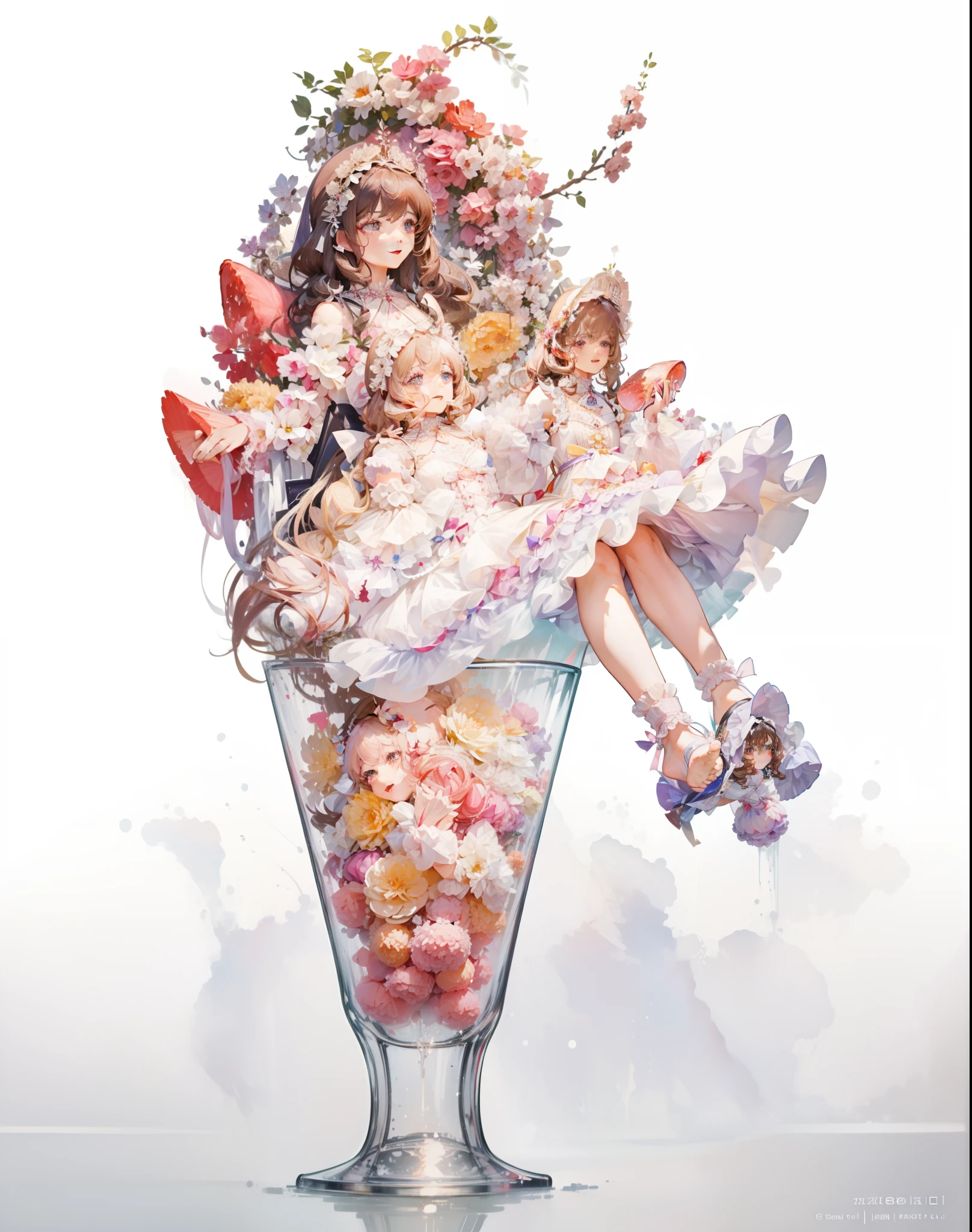 (Extremely delicate and beautiful:1.5),1girll, Sit on a strawberry dessert sundae cup，full bodyesbian，Sweet face，Light smile，By bangs, Gemstone eyes, Contre-Jour，Long curly hair, Lolita dress, brown  hair, Keep one's mouth shut, seen from the side, Lanterns, light particules, longer sleeves, looking at viewert，pink bows，独奏