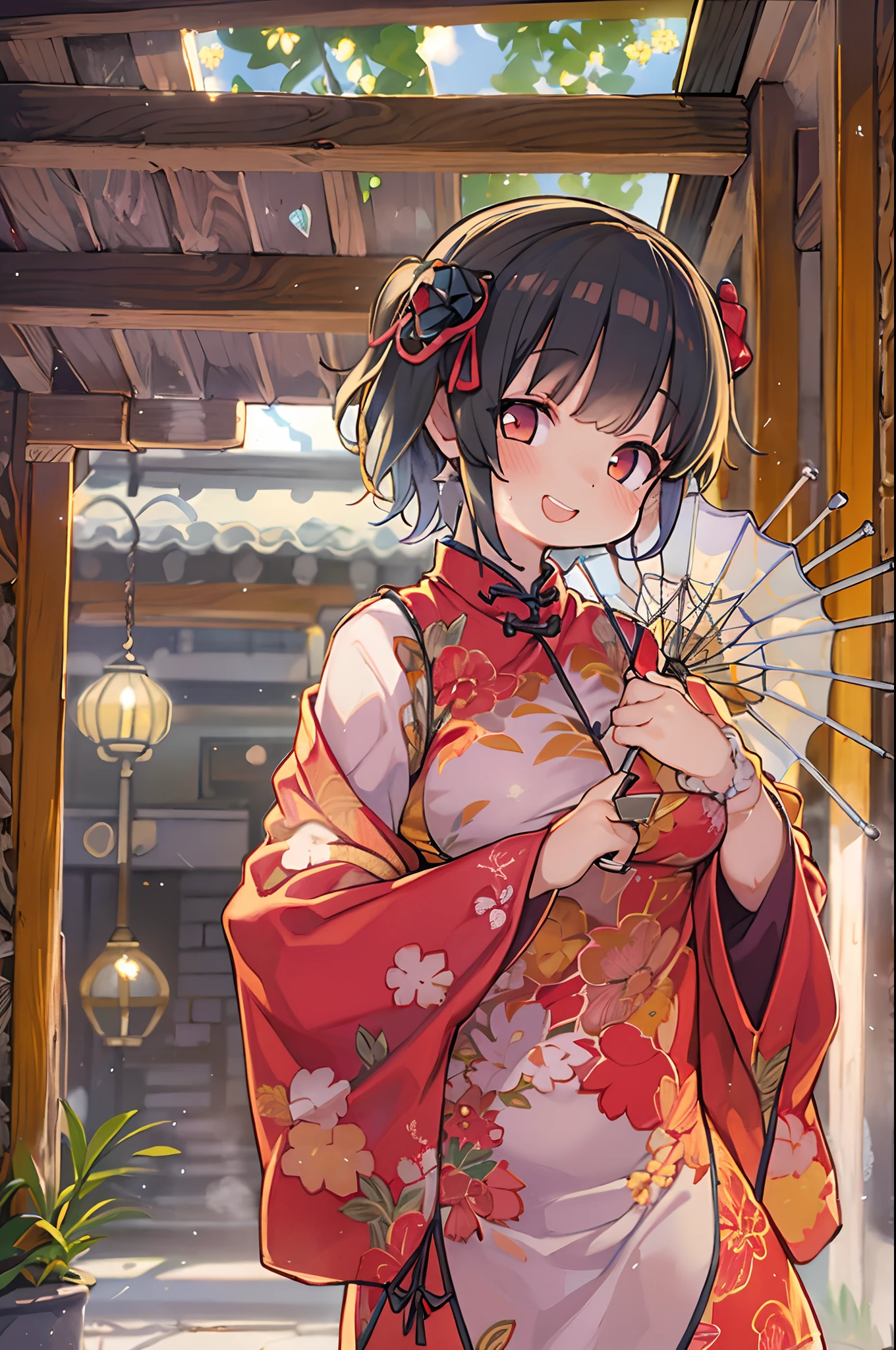 red Cheongsam, 1girl in, Solo, Black hair, Short hair, Upper body, Smile, parasol, maturefemale,