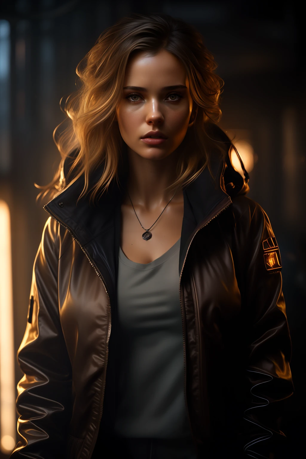 cozy, close-up photo of a woman in a dark room, brown-haired female cyberpunk, artist girl, (unbuttoned jacket, skinny fit body:1.2), female creative character, rich girl, stunning character art, epic sci-fi character art, epic sci-fi character art, solo female character, beautiful princess, mechanized princess, sci-fi character, cinematic lightning, rim light, wojtek fus, eve ventrue