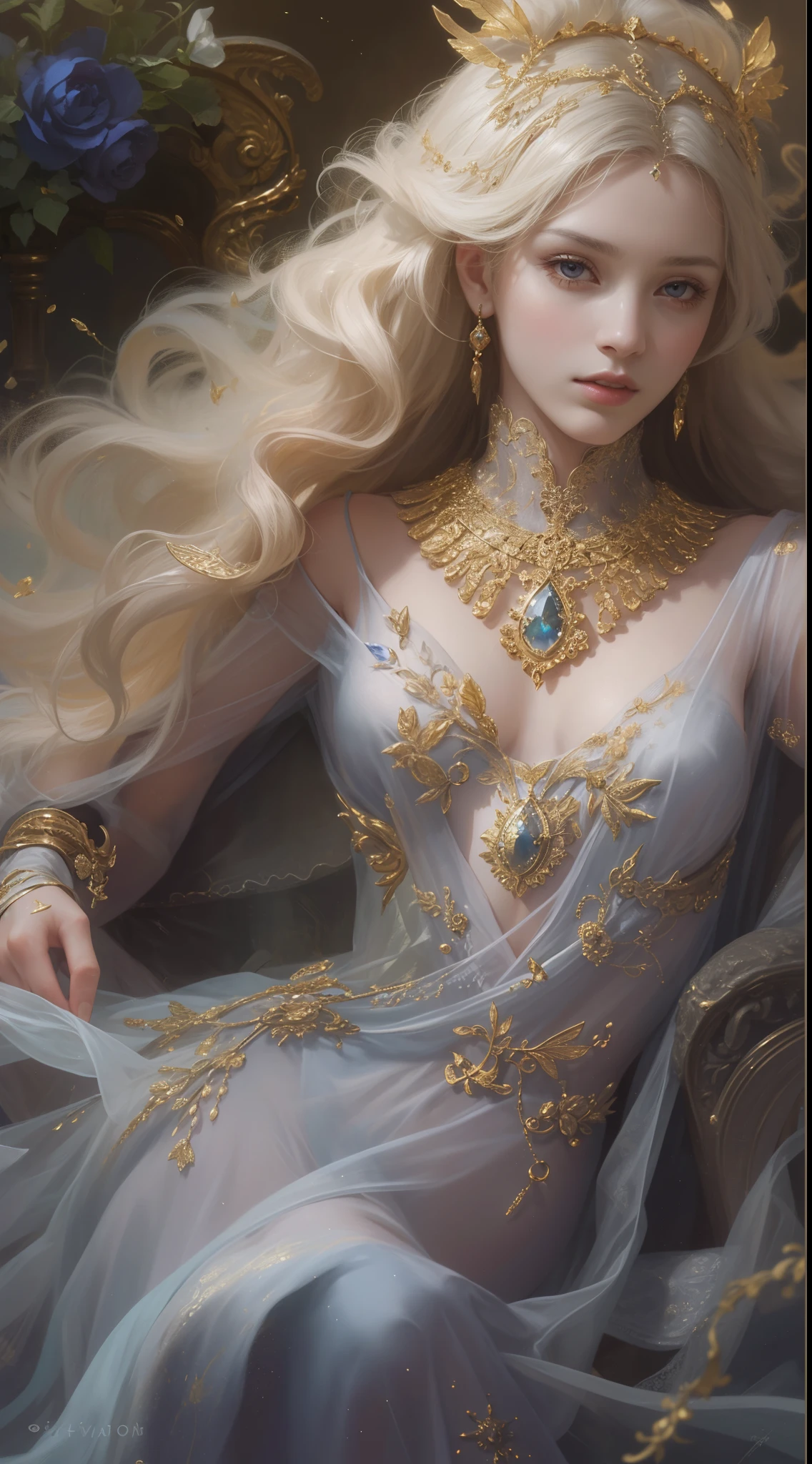 (Best quality,8K,A high resolution,Masterpiece:1.2),Ultra-detailed,(Realistic,Photorealistic,photo-realistic:1.37),Portrait,Creative style artwork,Historical,classical,Sophisticated,plethora of colors,Highly detailed,Soft lighting,luxurious environment,A delicate fairy fluttering dress,Vibrant flowers,detailed jewellery,Ethereal atmosphere,Elegant Pose,Graceful curves,Gold body proportions,Flowing hair,Breathtaking textile patterns,Harsh purple eyes,Delicate floral decoration,A dazzling array of crystal accessories,Mysterious and dreamy atmosphere,Impeccable attention to detail.