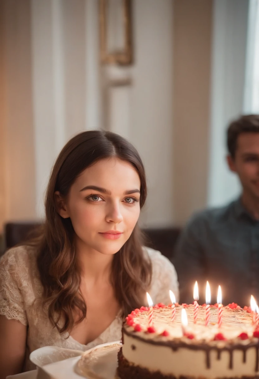 photo of young woman, birthday party, cake
