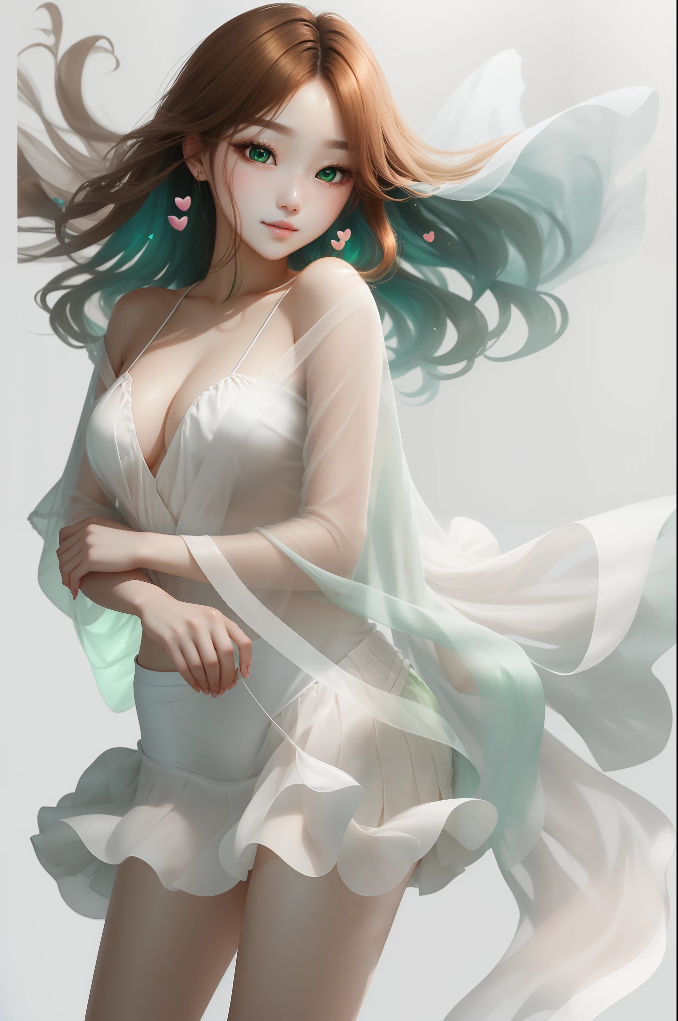 Korean idol style face, hair is golden, eyes are clear, clear and transparent green, small heart-shaped face, skin is clean and beautiful transparent white without any blemishes, wearing open shawl miniskirt, high heels and dancing posture. --auto --s2