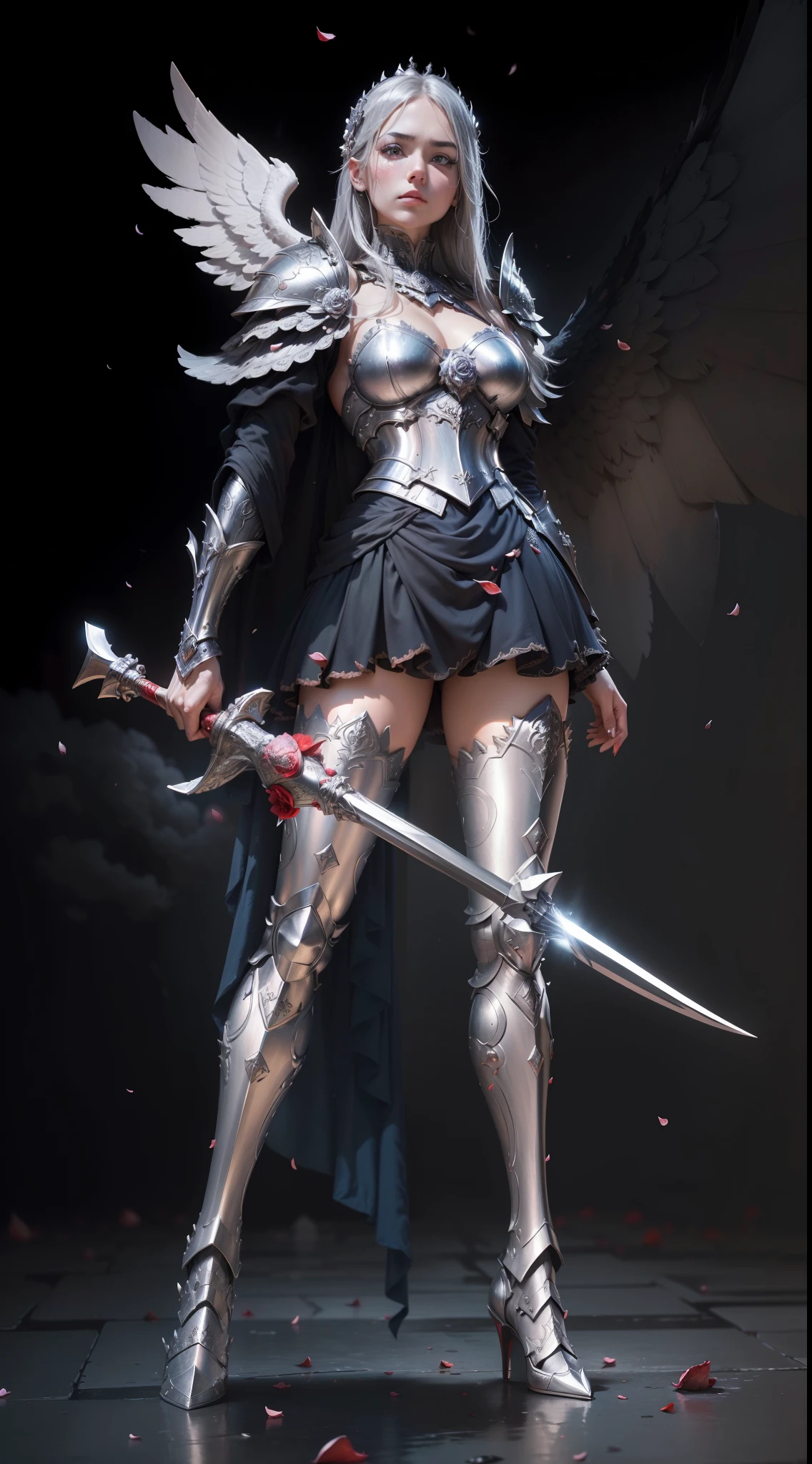 ((Armed with an oversized and heavy scepter)), (Picturesque heavy silver armor), Extra thick helmet，There are small wings on both sides, (Wrap around the whole body), ((Red cover)), ((Beautiful six-winged battle angel woman)), pretty  face, ((half turtle)), ((grieves)), (Thick clouds at his feet))), (((Rose petals on the rise))), stereoscopic perspective, Works of masters, (((detail in face)), ultradetailed, 16K resolution, high high quality, Cinema lighting, High image detail, Dynamic perspective, (depth of fields), A detailed, Epic shots