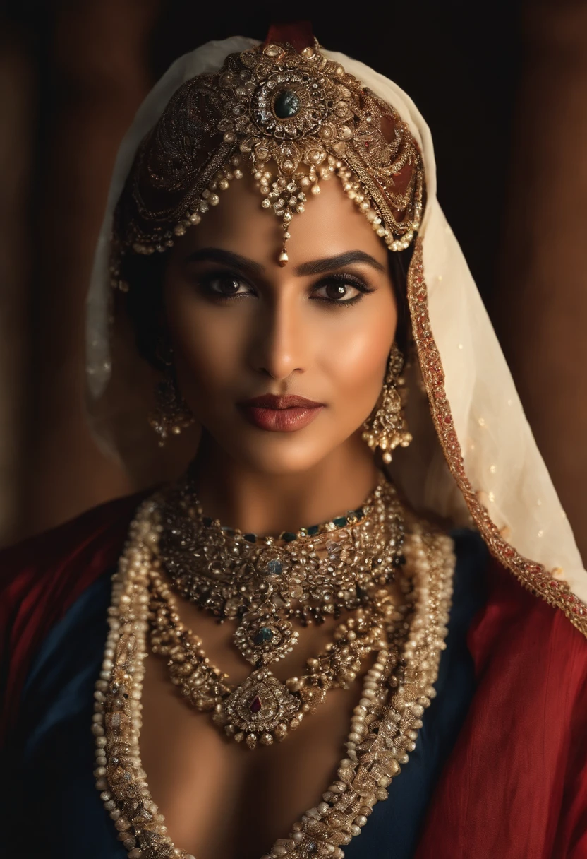 photo-realistic,studio-quality portrait of a fair indian mythical ancient queen raji wearing luxurious and ornate clothing. intricate details opals and floral embellishments, diffused lighting,symmetrical depth of field,sharp focus,unreal engine