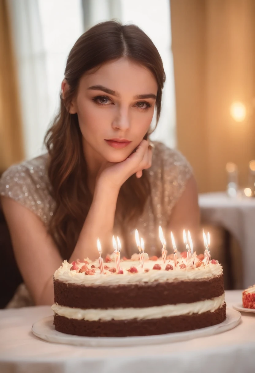 photo of young woman, birthday party, cake