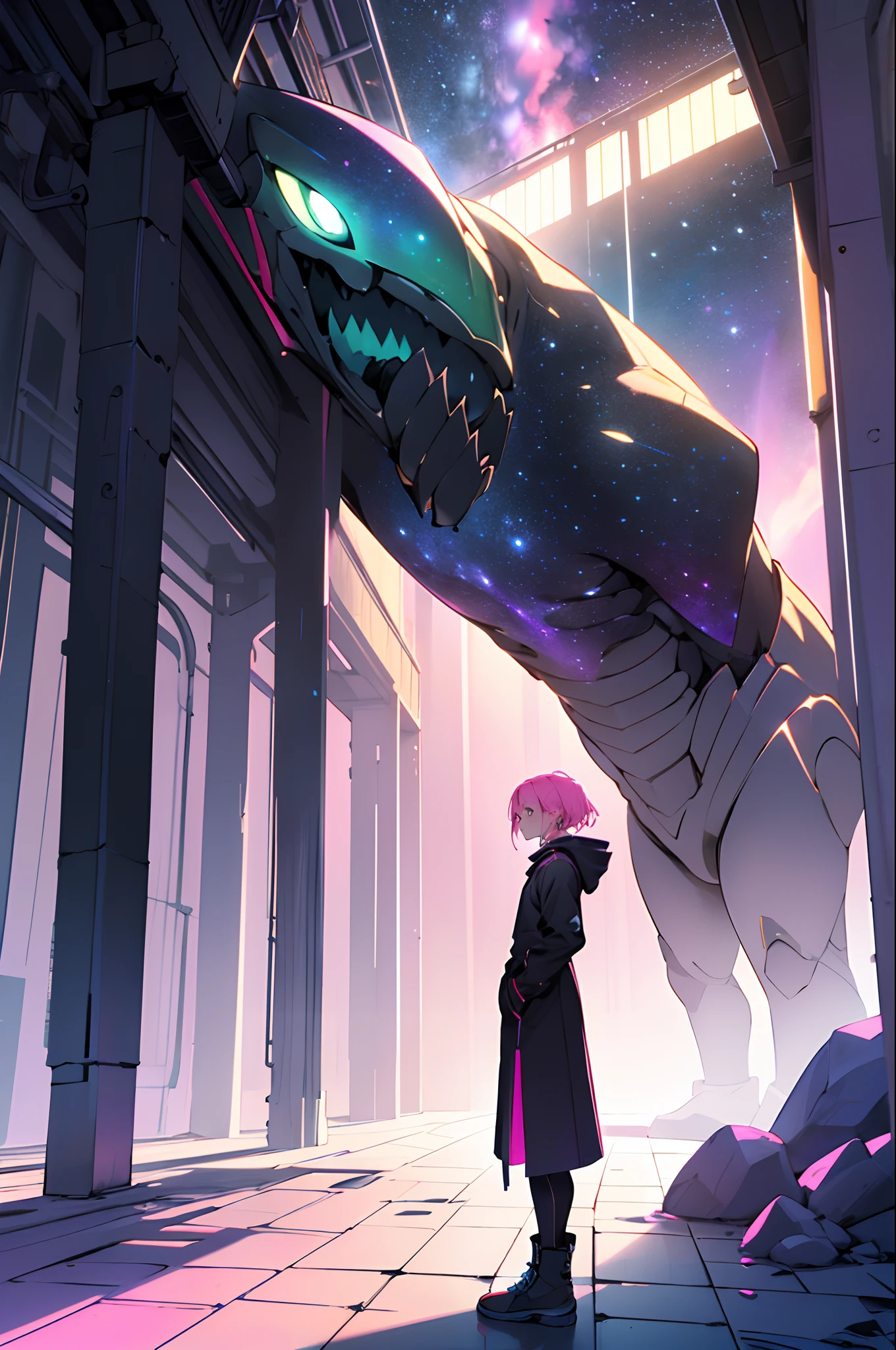 Generate a purple, blue, green, pink skies with visible galaxies. And there's a giant standing at the edge of the corner. She's staring away, staring far away into the distance because of how lonely she is. the floor is covered with gold brick. And the giant is a woman
