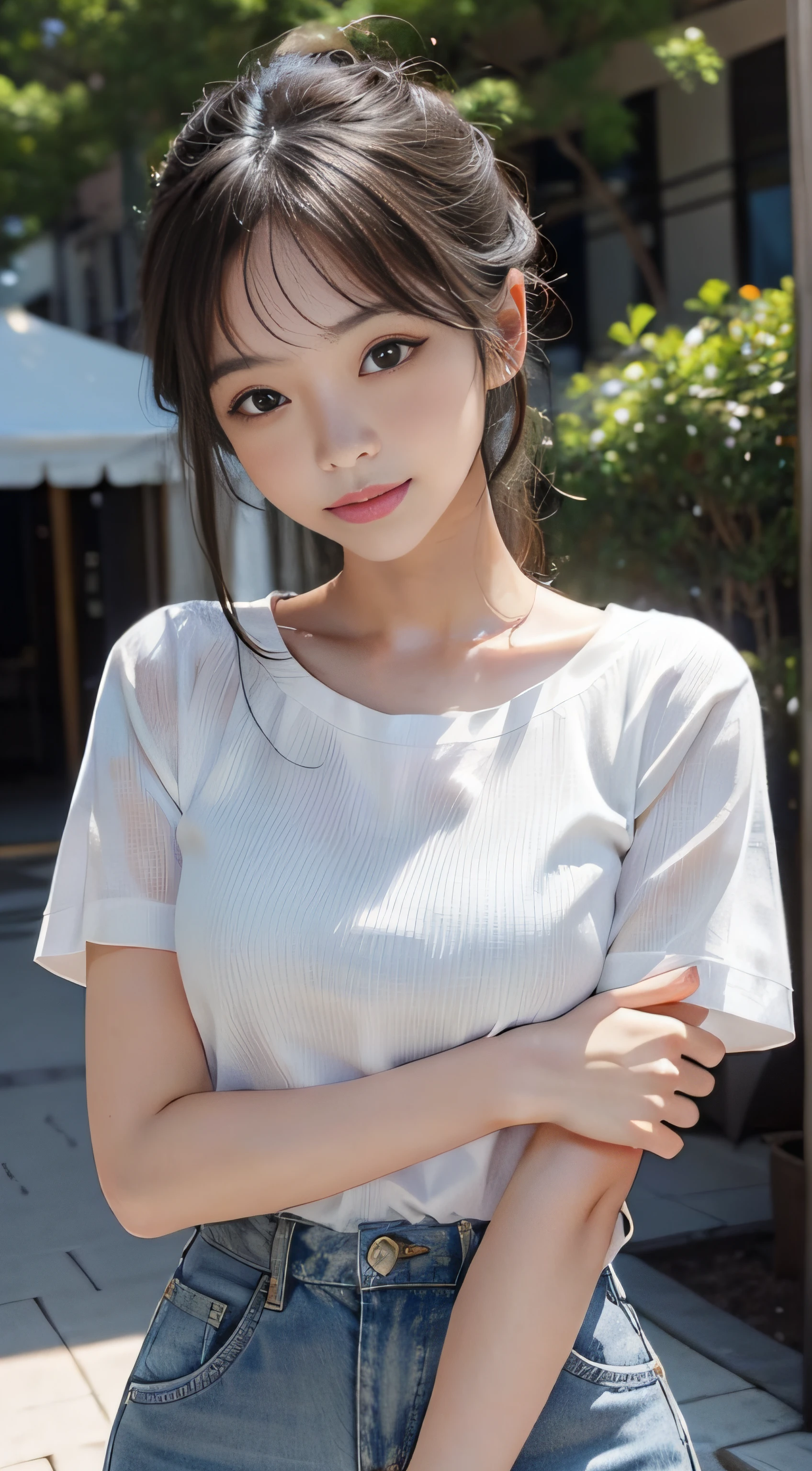 masutepiece, Best Quality, 8K, 1girl in, Right human hands, Correct human finger, 14 yo, close up of face, Cute, Girly, Delicate girl, Neat and clean beauty, medium breasts⁩, Luminescent, Looking away, Raw photo, F/1.8, 135 mm, NIKON, Anatomically correct, Bokeh，Textured skin, Professional Photography, Portrait, Soft light, Professional Lighting, Back Light, Film grain, (Eyes and faces with detailed:1.0), Brown hair, Medium hair swaying in the wind, silk shirt