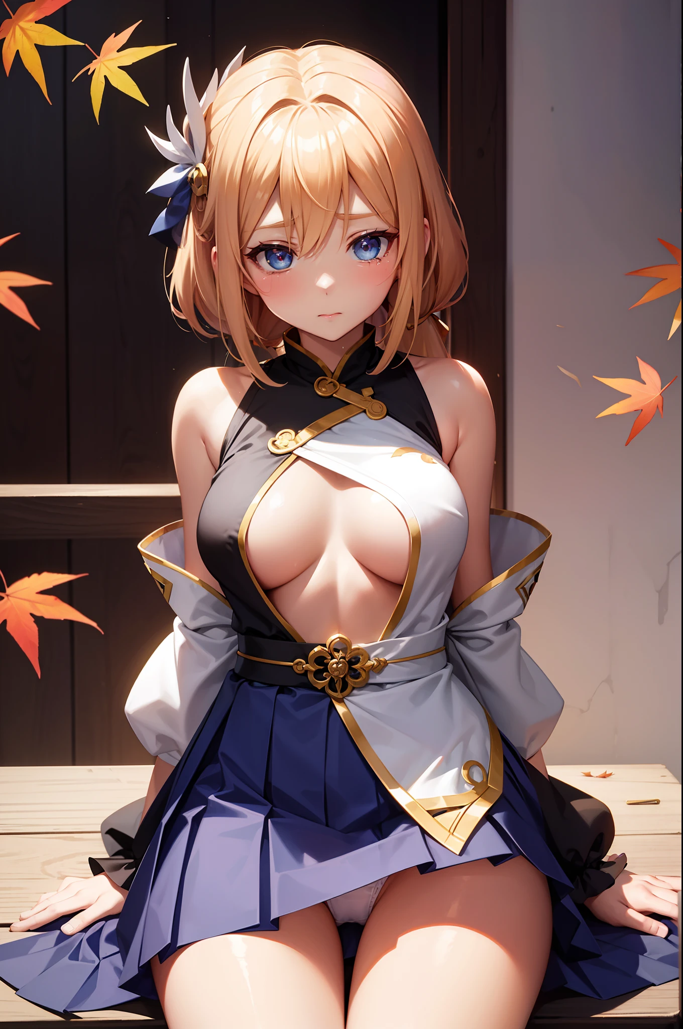 anime styled。illustratio。NSFW。Fantasia。Medieval Otherworlds。girl with。Miko costume。Blue eyes。is in estrus。a blond。blondehair。White string panties。Autumn foliage。side poneyTail。large boob。flank。teats。Black pleated skirt。Shy。red blush。skirt rift:1.8。Show off your panties。is crying。Spread your legs wide and straddle the chair:1.6。Looking at the camera。 Low position shooting。pantie shot。 Panties are wet。