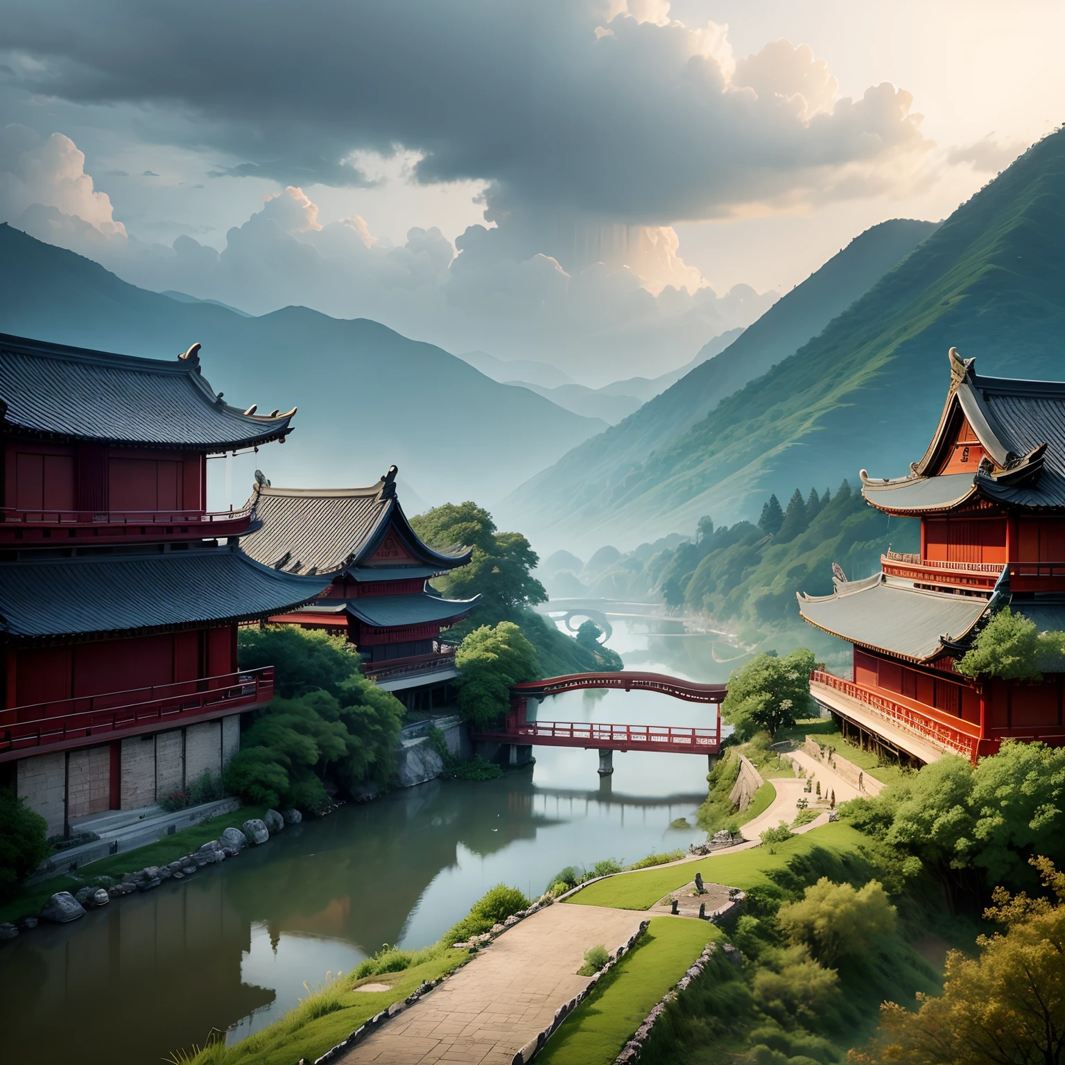 Ancient Chinese background, HD big picture, large scene, The aesthetic mood is cloudy,Yamakawa,village