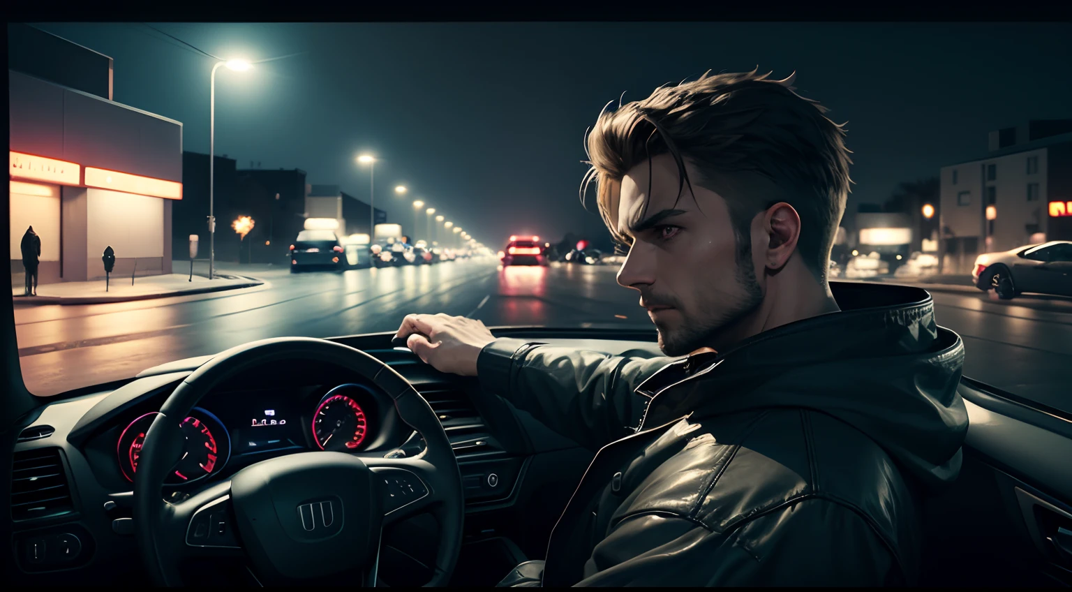 scary story youtube thumbnail of a man driving a car at night on a deserted street, realistic, spooky, 4k-ar 16:9 --