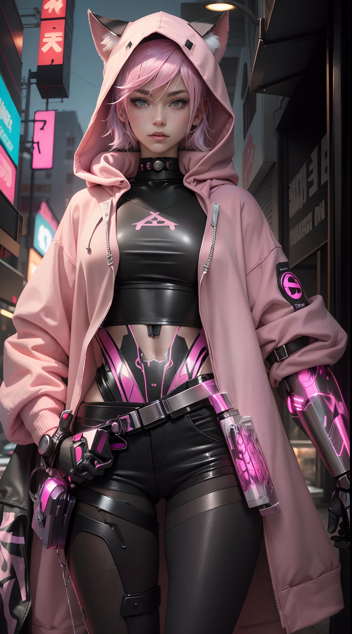animemanga girl，Pink hoodie，cyber punk style，hoody,  Girl with pink hair wearing hoodie, cat ear hoodie，realistic anime artstyle, Robotic arm，Metal belt，thongs，satchel，anime styled digital art, anime realism style