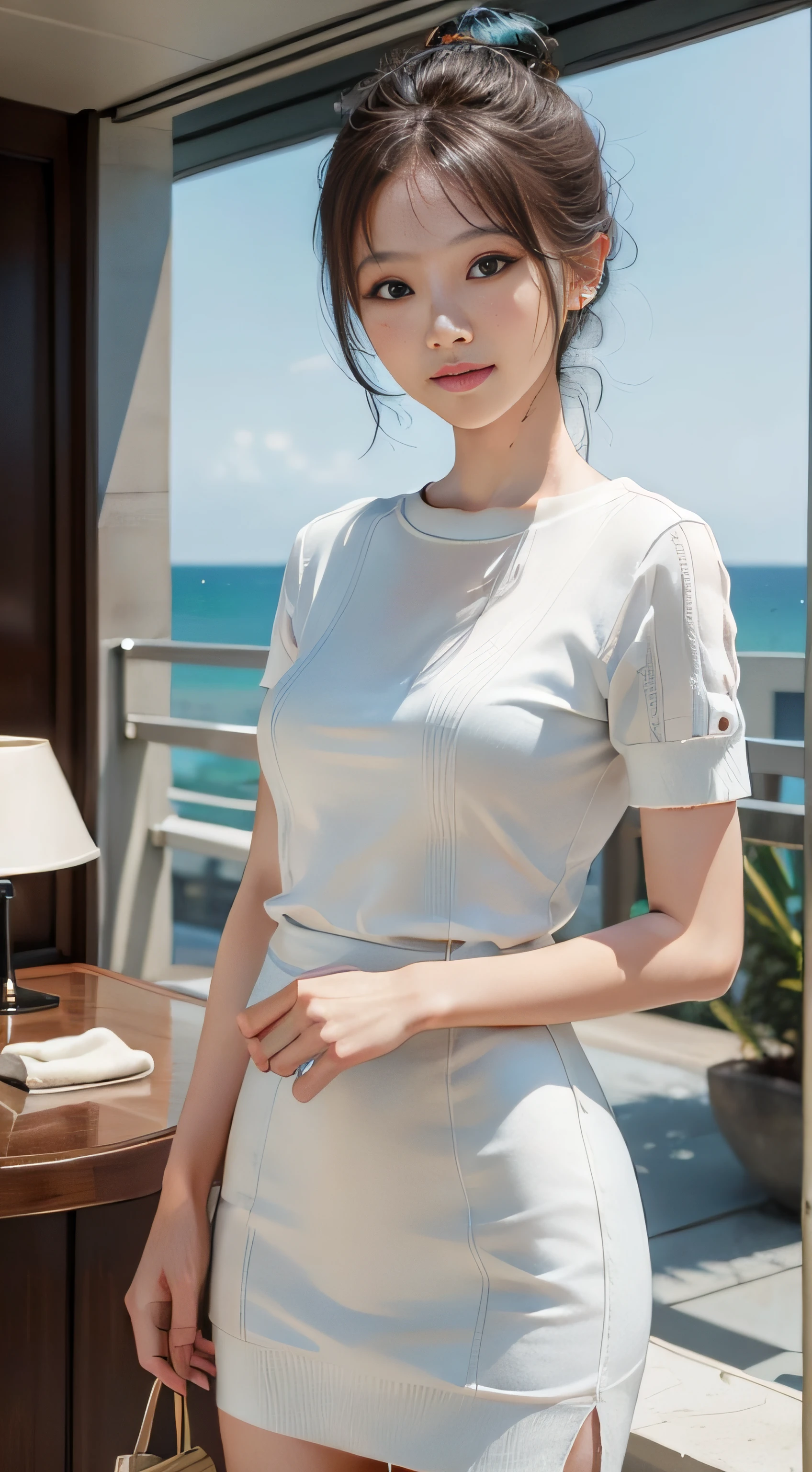 ​masterpiece、Top image quality:1.2、((beautiful young woman with))、Transparent skin:1.2、{A slight smil}、(kawaii)、Short sleeve knit、luxury hotel、depth of fields