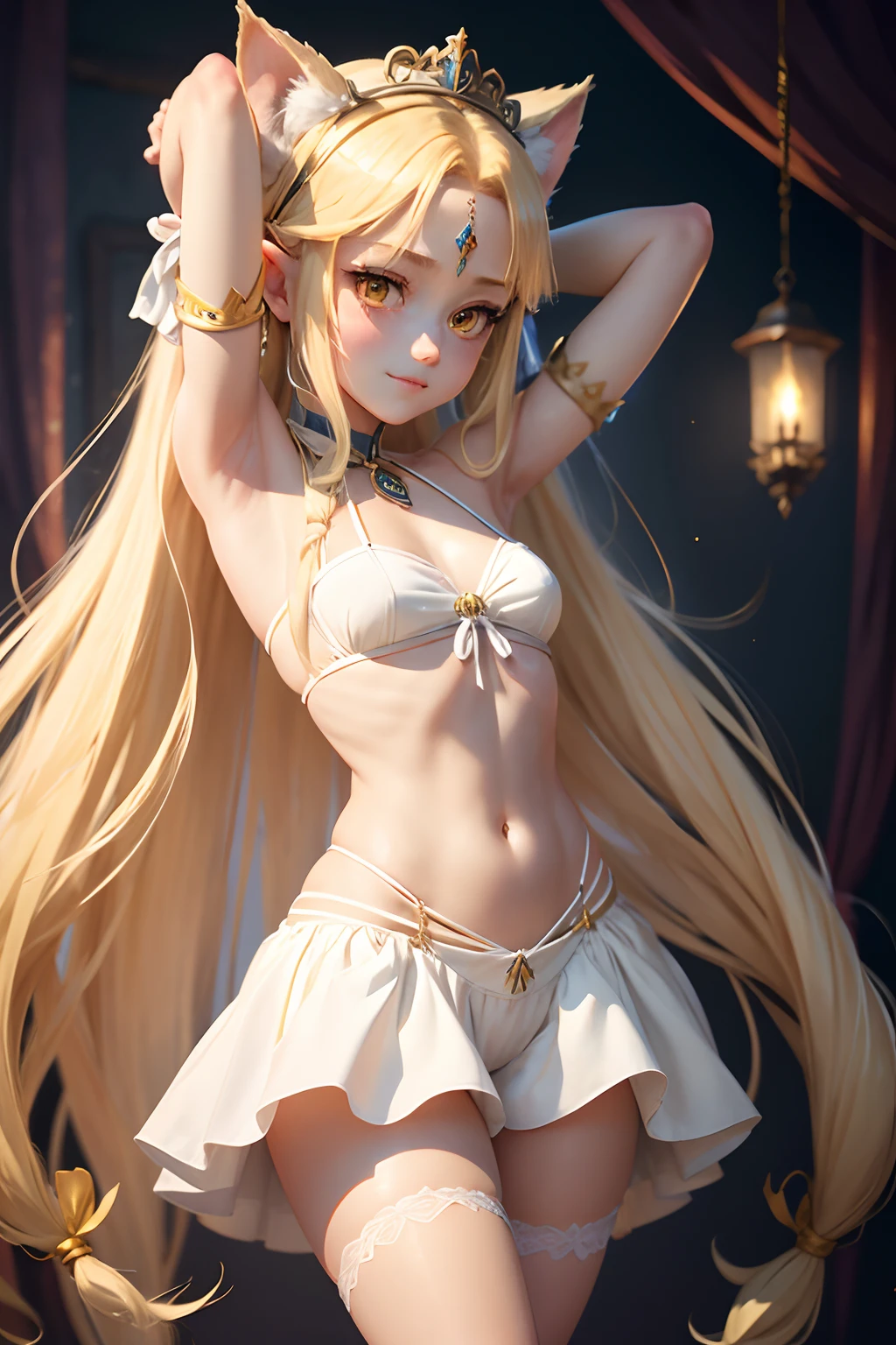 Obra maestra, best quality,Zelda (princess) blond_long_hair, 1girl, , dark_light_skin, yellow_eyes, two_small_cat_ears, (teenager_girl), armpit, white_panties, big_legs, no_bra, shorts_dress,big_hips, ribbon_hair, open_legs, half_smile.