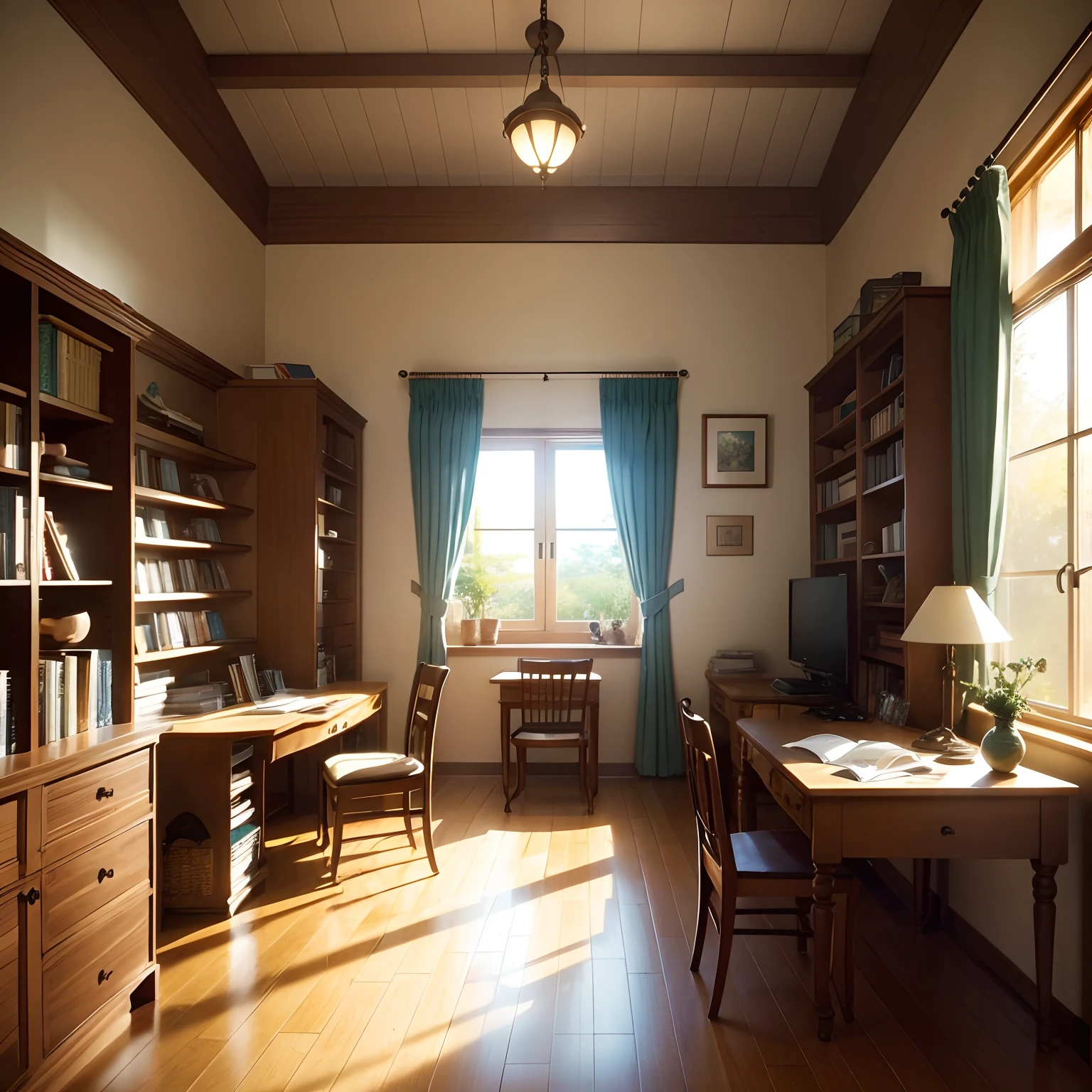 "Charming room in the charming style of Makoto Shinkai, Decorated with rows of neatly stacked books for a relaxing study."camera