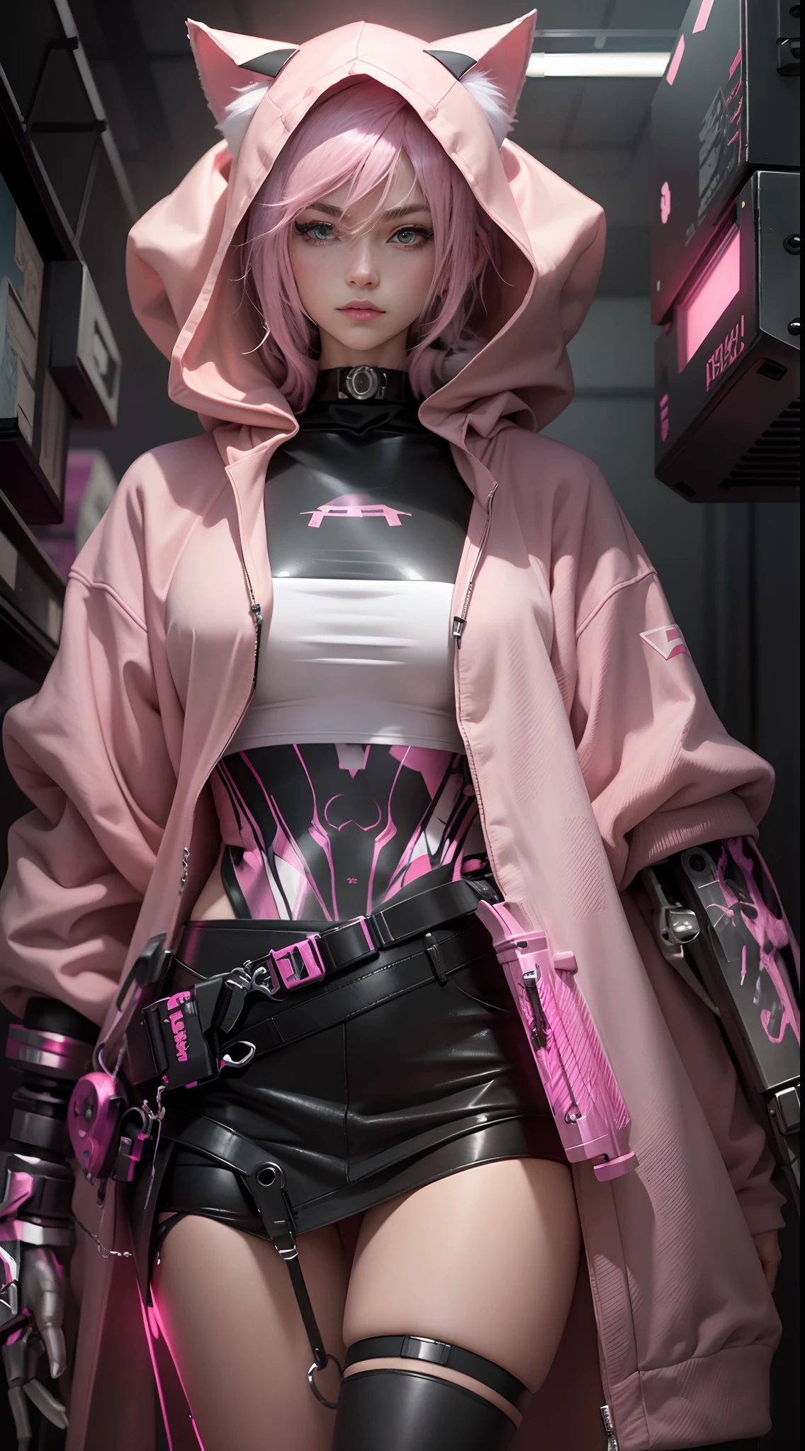 animemanga girl,Pink hoodie,cyber punk style,hoody, Girl with pink hair wearing hoodie, cat ear hoodie,realistic anime artstyle, Robotic arm,Metal belt,thongs,satchel,anime styled digital art, anime realism style