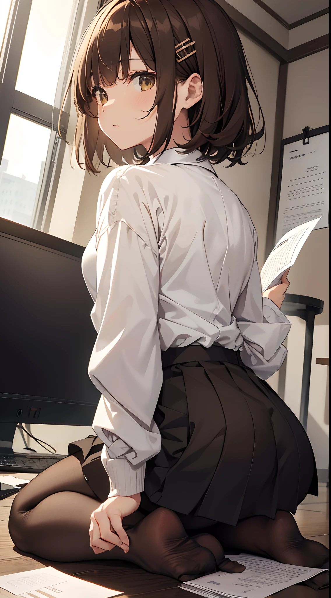 masterpiece, best quality, highres, nodoka1, 1girl, solo, pantyhose, brown hair, black skirt, short hair, ahoge, hair ornament, white shirt, collared shirt, long sleeves, hairclip, green cardigan, dress shirt, office, (paper:1.2), kneeling, from behind, ass, leaning forward,