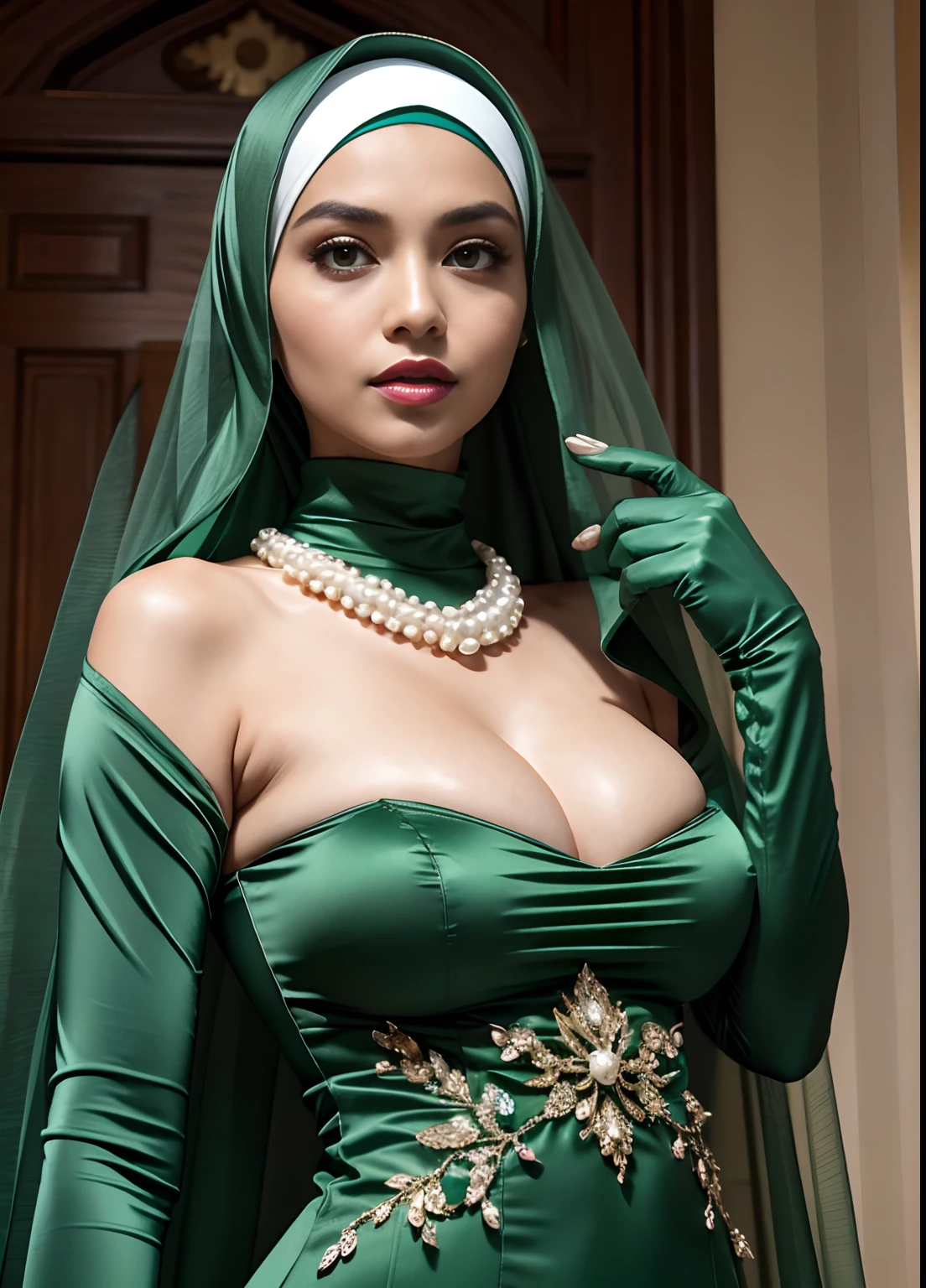 RAW, Best quality, high resolution, masterpiece: 1.3), Beautiful Malay woman in hijab, Masterpiece, perfect slim body, (Big breasts), Green Dress Flower Cleanser，Sense of atmosphere, best qualtiy，masterpiece，Green dress，Daytime Church，full body Esbian, Green gloves，big breasts beautiful，looking at viewert，smile，Green Bridal Veil，Green Long Grove，Satin green long gloves,　lipsticks, Green Pearl Necklace、Green gloves