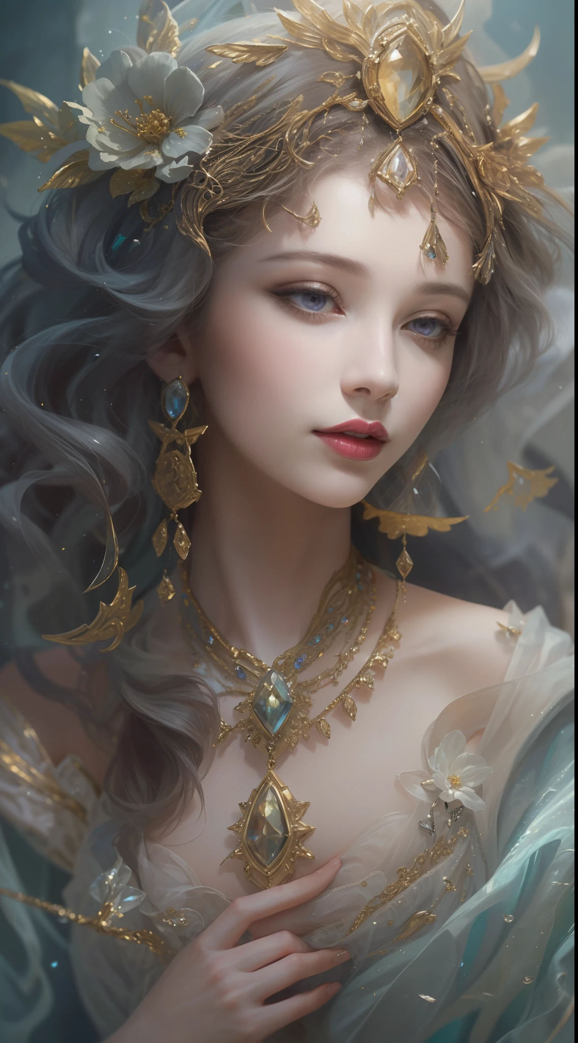 (Best quality,8K,A high resolution,Masterpiece:1.2),Ultra-detailed,(Realistic,Photorealistic,photo-realistic:1.37),Portrait,Creative style artwork,Historical,classical,Sophisticated,plethora of colors,Highly detailed,Soft lighting,luxurious environment,Delicate fairy flowing dress,Vibrant flowers,detailed jewellery,Ethereal atmosphere,Elegant Pose,Graceful curves,Gold body proportions,Flowing hair,Breathtaking textile patterns,Harsh purple eyes,Delicate floral decoration,A dazzling array of crystal accessories,Mysterious and dreamy atmosphere,Impeccable attention to detail.