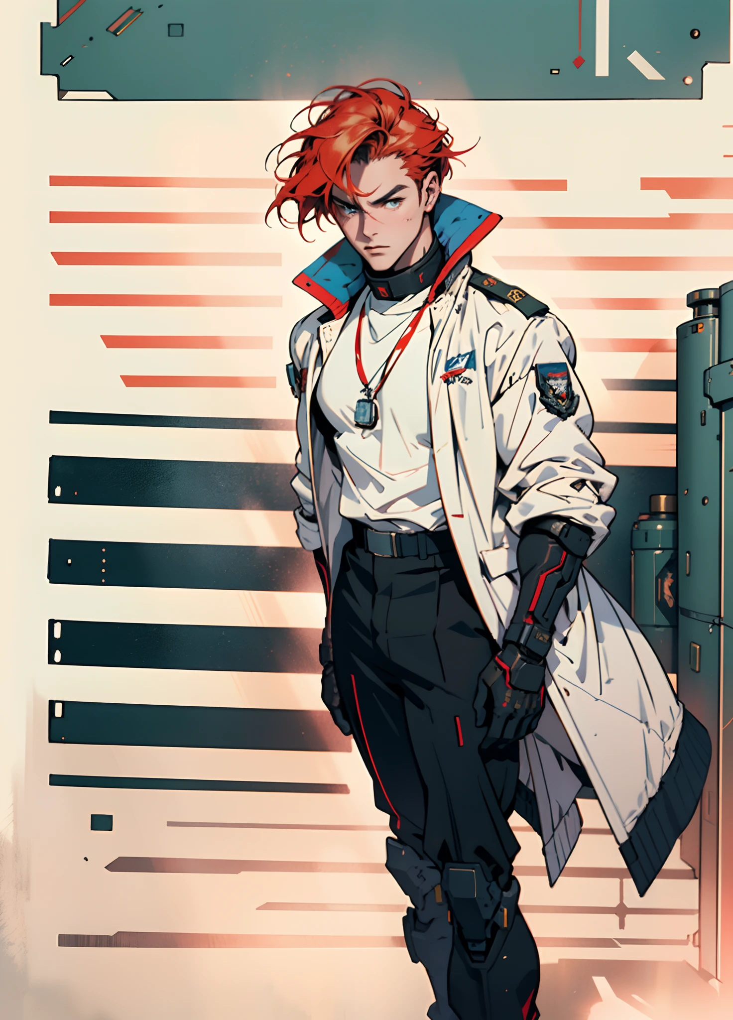 A man with short red-gold hair, hair slicked back, thick and disheveled hair, a cold and ruthless gaze, a confident expression, wears a two-piece futuristic military-style uniform, primarily in shades of white and red, accented by touches of yellow, streamlined wristguard gloves, matching trousers, he stands in a futuristic sci-fi-style hangar housing a colossal mech, stands within a futuristic sci-fi hangar, where a colossal mech is stationed, this character embodies a finely crafted futuristic military officer in anime style, characterized by an exquisite and mature manga illustration art style, high definition, best quality, highres, ultra-detailed, ultra-fine painting, extremely delicate, professional, anatomically correct, symmetrical face, extremely detailed eyes and face, high quality eyes, creativity, RAW photo, UHD, 8k, Natural light, cinematic lighting, masterpiece:1.5