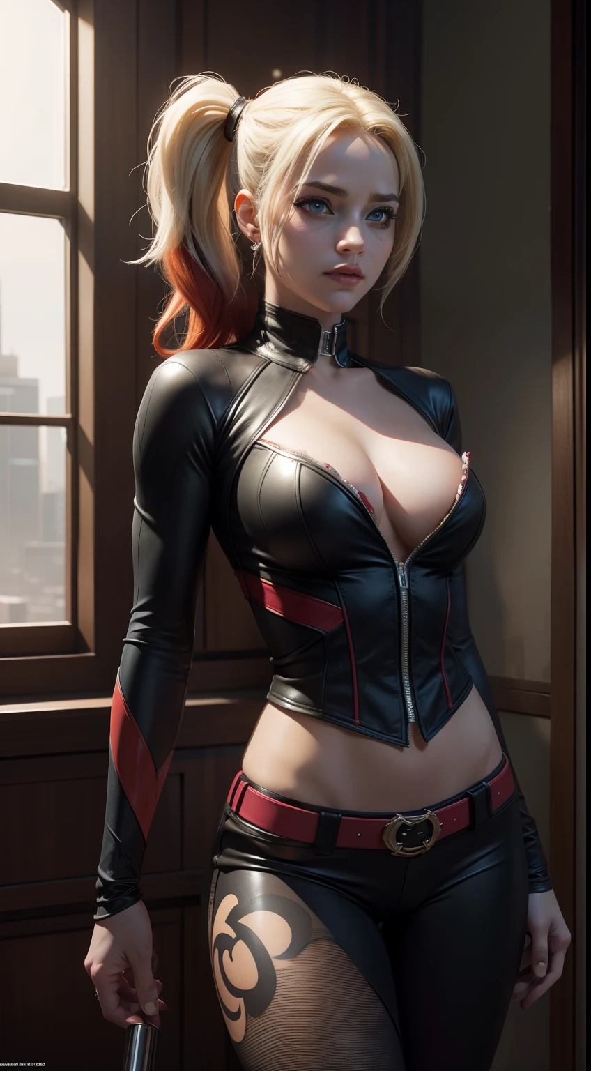 Harley Quinn (big tits) from DC Comics, CGI with clear focus, Photorealistic, high detail, Realistic, Masterpiece, absurdress, Best Quality, HDR, hiquality, hight resolution, Extremely detailed, 8k wallpaper, intricate details, 8K UHD, Full-HD, (foto realista:1.2), Contrast, sharp lighting, Cinematic lighting, natural lighting, hard light, Backlighting, Global Illumination, Environment Occlusion