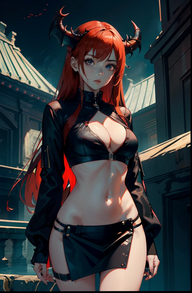 4D、demon Woman, 27yo,(8K picture quality、high-detail、masterpiece、ultra-definition)、Ray traching、ginger hair、long、high-detail skin、(scarface),Slit skirt,a miniskirt, uncovered navel.
