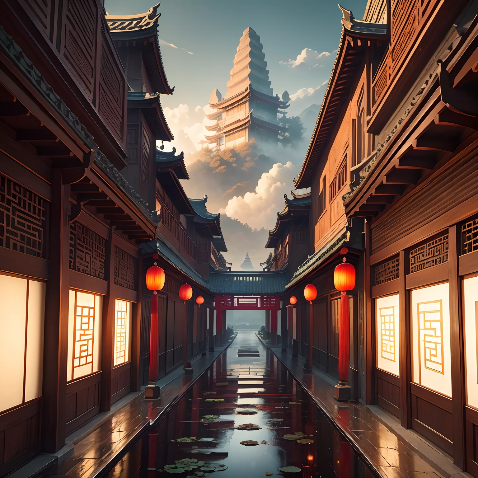 Ancient Chinese background, HD big picture, large scene, The aesthetic mood is cloudy,lotuses,Gangnam