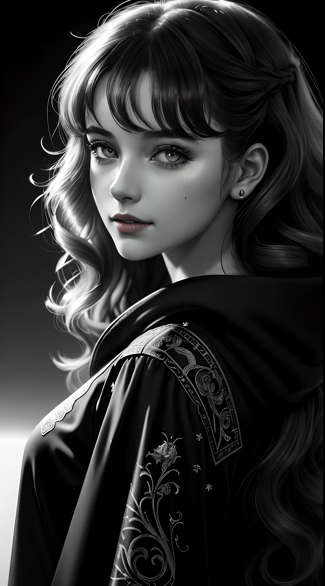 Russian Girl, Trends on ArtStation, Trends on CGSociety, Intricate, High Detail, Clear Focus, Dramatic, Realistic Art of Drawing, by Midjourney and Greg Rutkowski, ((Best Quality)), ((Masterpiece)), High Resolution, Original, Very Detailed Wallpaper, Very Delicate and Pretty, Illustration, Cinematic Light, Volumetric Light, Halo Effect, Light Particles, ((1girl)), beautifuldetailedeyes, longsleeves, hoodie, frills, noshadow, simplebackground, (((black background))), European, bright, (((1980s(style)))), cinema, silhouette, grayscale, monochrome, ((large wavy curls)), slit pupils, (((looking back))), cinematic angles, ((( (close-up))),(((portrait))), lens flare, seductive smile, tarot cards, medium hair