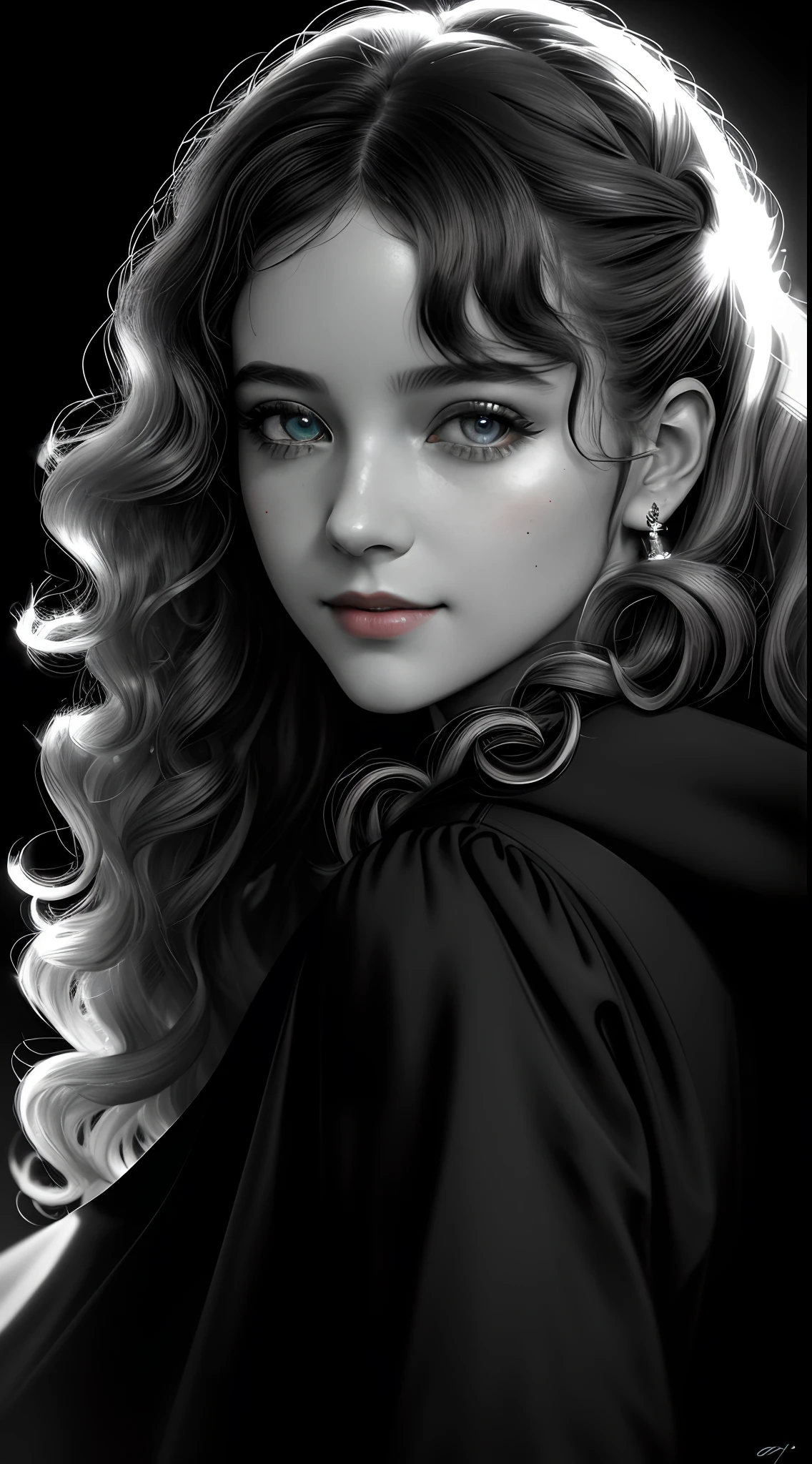Russian Girl, Trends on ArtStation, Trends on CGSociety, Intricate, High Detail, Clear Focus, Dramatic, Realistic Art of Drawing, by Midjourney and Greg Rutkowski, ((Best Quality)), ((Masterpiece)), High Resolution, Original, Very Detailed Wallpaper, Very Delicate and Pretty, Illustration, Cinematic Light, Volumetric Light, Halo Effect, Light Particles, ((1girl)), beautifuldetailedeyes, longsleeves, hoodie, frills, noshadow, simplebackground, (((black background))), European, bright, (((1980s(style)))), cinema, silhouette, grayscale, monochrome, ((large wavy curls)), slit pupils, (((looking back))), cinematic angles, ((( (close-up))),(((portrait))), lens flare, seductive smile, tarot cards, medium hair