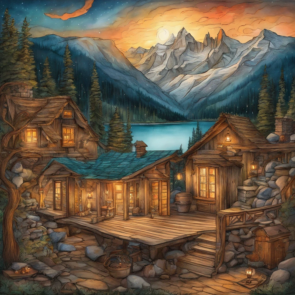 Intricate details of a chalet panel, Candlelit room, Table with books , by Ring Murata, Galaxy in the background, cloud, bright colours, high contrast, mountain, Vector line art, Highlights for teal and orange, trending on pixiv, The art of anime concept, stick, carpet, highs quality, Edge to edge, Sanskrit