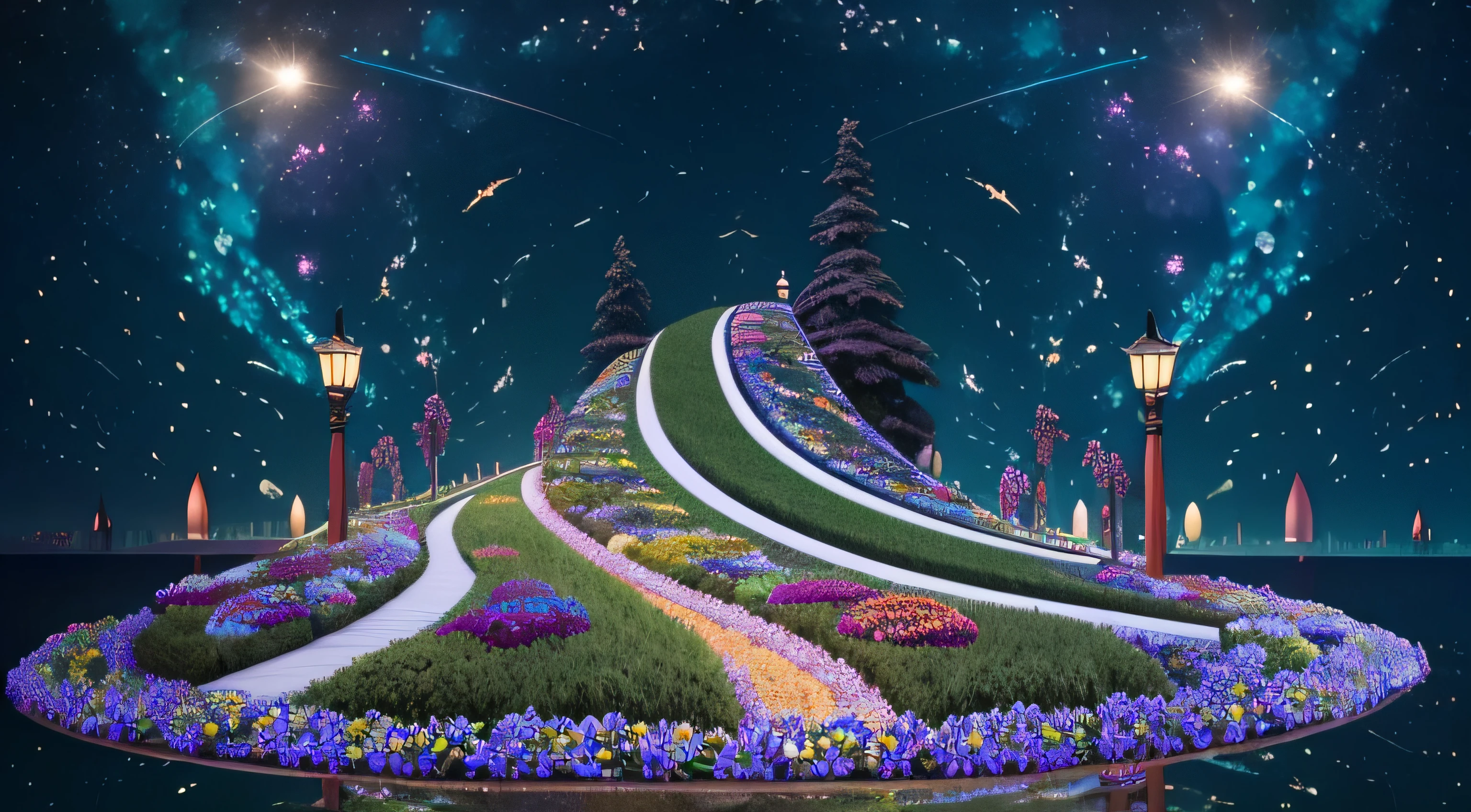 tmasterpiece，Best quality at best，high high quality，Expansive landscape photograph，Highly detailed and colorful details，Volumetric lighting BREAK（tmasterpiece：1.2），（meteors：0.9），An extremely colorful and pure fantasy environment，Vibrant hues and bright night sky，with the sky full of stars，Bright green grass landscape，The environment seems to come out of a dream，Bokeh，depth of fields，realisticlying，extremely detaile，iintricate，high detal，Flower beds in the shape of Alawi in the park，There is a peacock on it, the flower tower,made of colorful dried flowers, flowerbed, made of flowers,