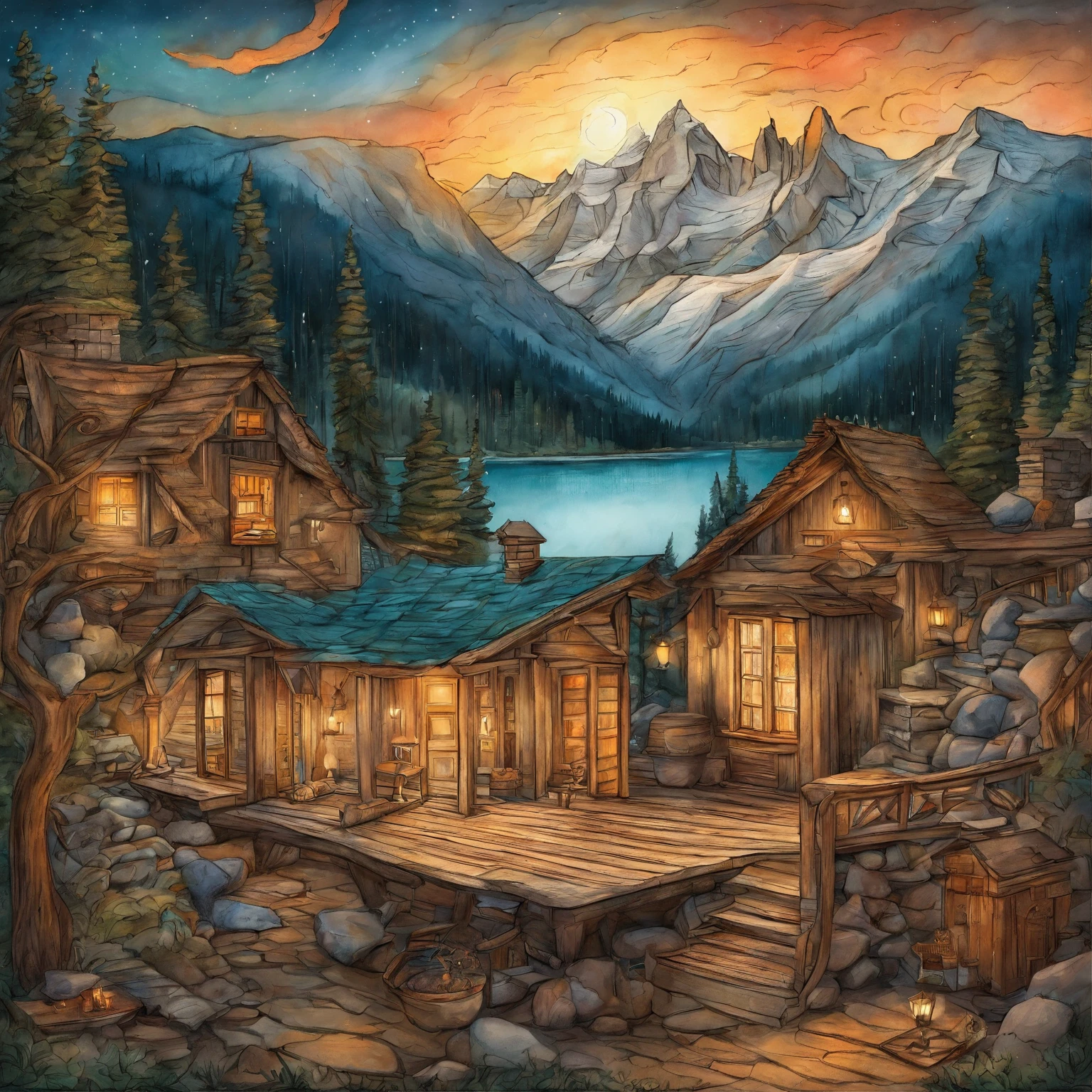 Intricate details of a chalet panel, Candlelit room, Table with books , by Ring Murata, Galaxy in the background, cloud, bright colours, high contrast, mountain, Vector line art, Highlights for teal and orange, trending on pixiv, The art of anime concept, stick, carpet, highs quality, Edge to edge, Sanskrit