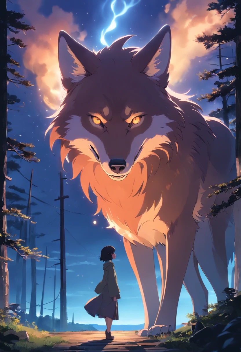 (best quality,8k,highres,masterpiece:1.2), HD, large and lanky maned wolf made of smoke. A steel mask is melded to its face, and wearing a witch's hat and flowing magical robes. Glowing white eyes, sharp teeth, jagged mouth, huge fluffy tail, monster, demon, intense dark red hues, inside of a dark moonlit cabin,
