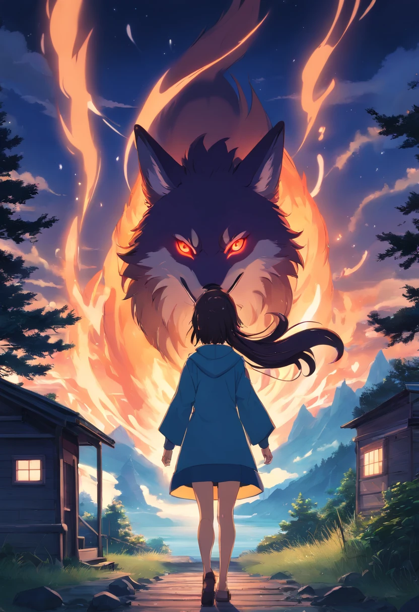 (best quality,8k,highres,masterpiece:1.2), HD, large and lanky maned wolf made of smoke. A steel mask is melded to its face, and wearing a witch's hat and flowing magical robes. Glowing white eyes, sharp teeth, jagged mouth, huge fluffy tail, monster, demon, intense dark red hues, inside of a dark moonlit cabin,