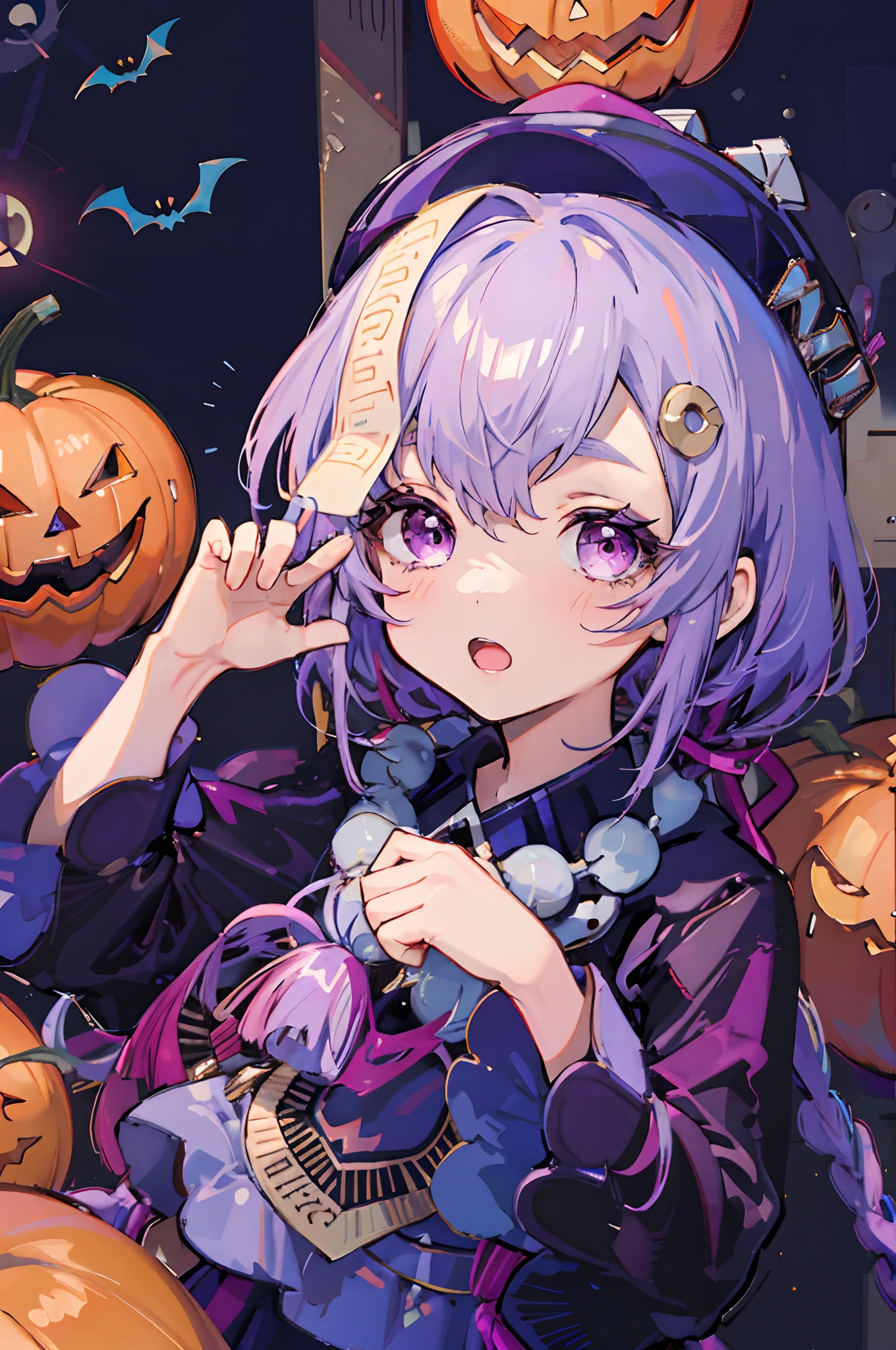 1  girl, chibi, light purple hair, dark purple hat, magenta eyes, purple and blue outfit, halloween, pumpkins, ((portrait face closeup))