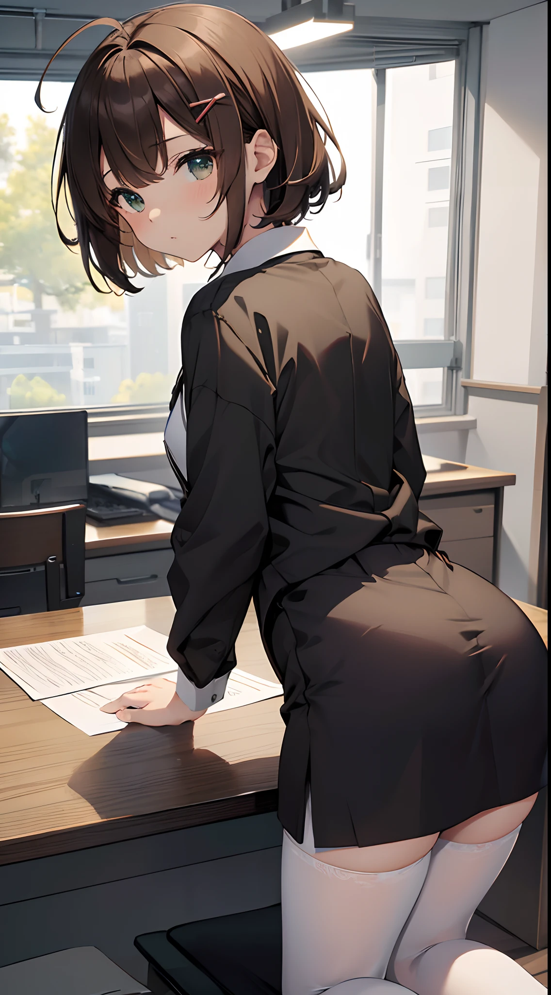 masterpiece, best quality, highres, nodoka1, 1girl, solo, pantyhose, brown hair, black skirt, short hair, ahoge, hair ornament, white shirt, collared shirt, long sleeves, hairclip, green cardigan, dress shirt, office, (paper:1.2), kneeling, from behind, ass, leaning forward,