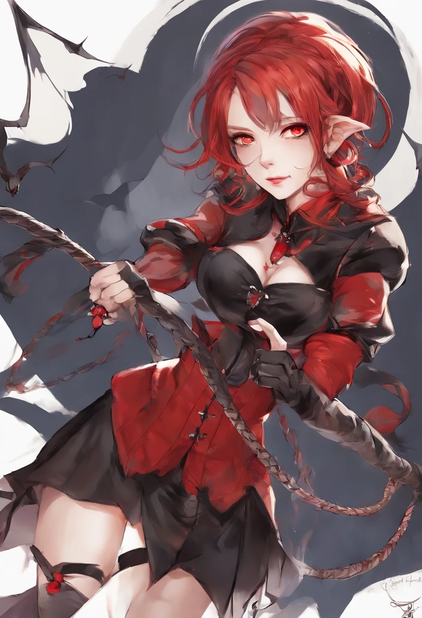 ((Red-headed twin-tailed)), ((red hairs)), ((masutepiece, Best Quality:1.37)), hight resolution, Ultra-detailed, ((Little devil_Wings)), ultra-sharp, BREAK,  ((Black Wings of the Little Devil)), 1girl in, (Beautiful Anime Face, Cute face, Detailed face), ((Succubus)), Red Eyes, Jewelry, earrings,((short twintails)), Piercing, BREAK, ((Detailed baseball costumes:1.5),((Hand holding a whip)), ((Detailed black bikini:1.3)), (Intimidating corset choker),((long tail)), Wearing a jacket, nice appearance, detailed  clothes),Angle from below, ((Black miniskirt)), small tits, with intensely mesmerizing red eyes, lightsmile, Closed mouth, Parted lips, red lipsticks, BREAK, Standing, detailed human hands, HDTV:1.2, ((Detailed Church Background:1.3)), 8 life-size, slender, Anime style,  Perfect Anatomy, perfectly proportions,  deep in the night, Excellent lighting, Bright colors, Clean lines, Photorealistic