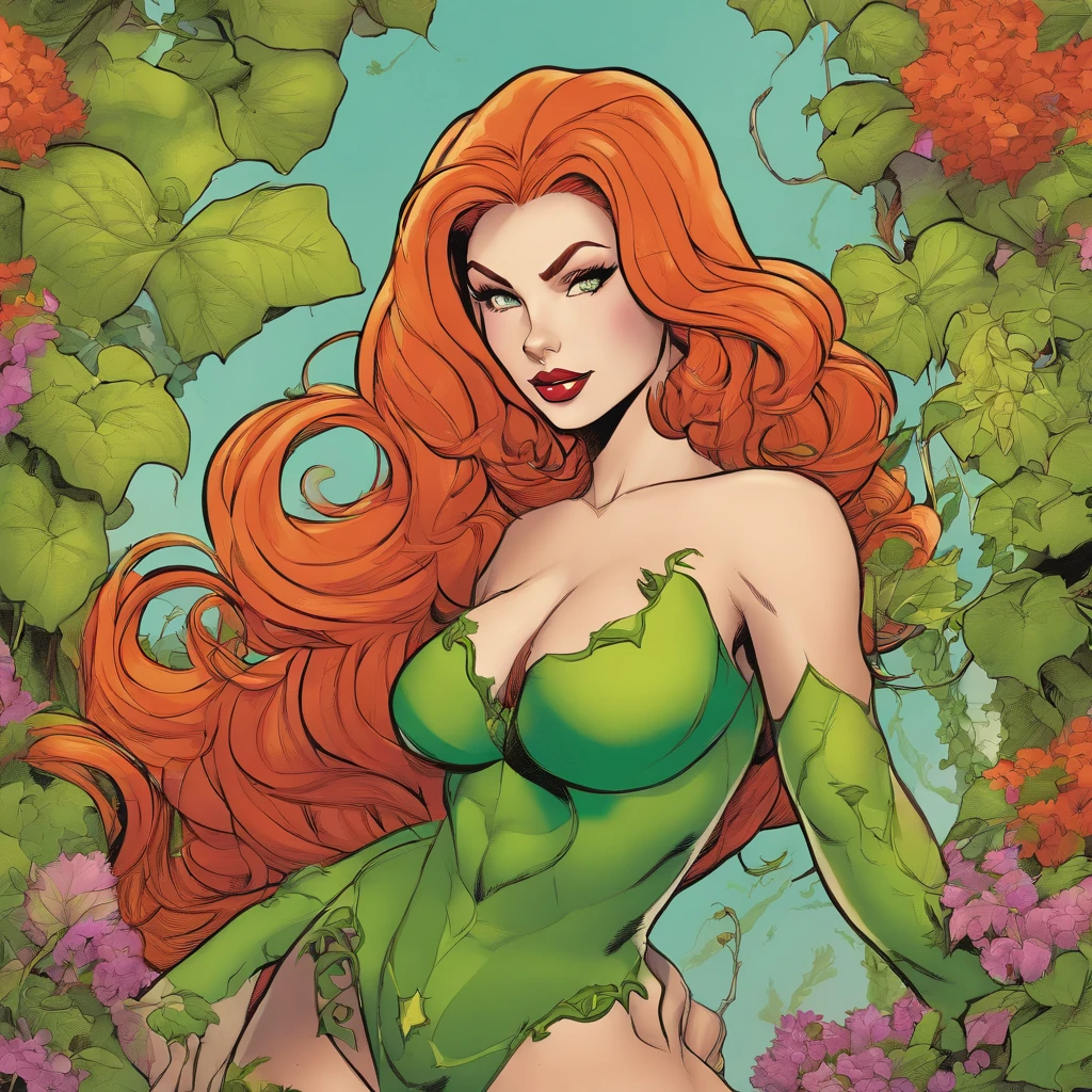 poison ivy from dc universe, midshot, (cel-shading style:1.3), centered image, ultra detailed illustration, posing, (tetradic colors), inkpunk, (ink lines:1.1), strong outlines, art by MSchiffer, bold traces, unframed, high contrast, (cel-shaded:1.1), vector, 32k resolution, best quality, flat colors, flat lights