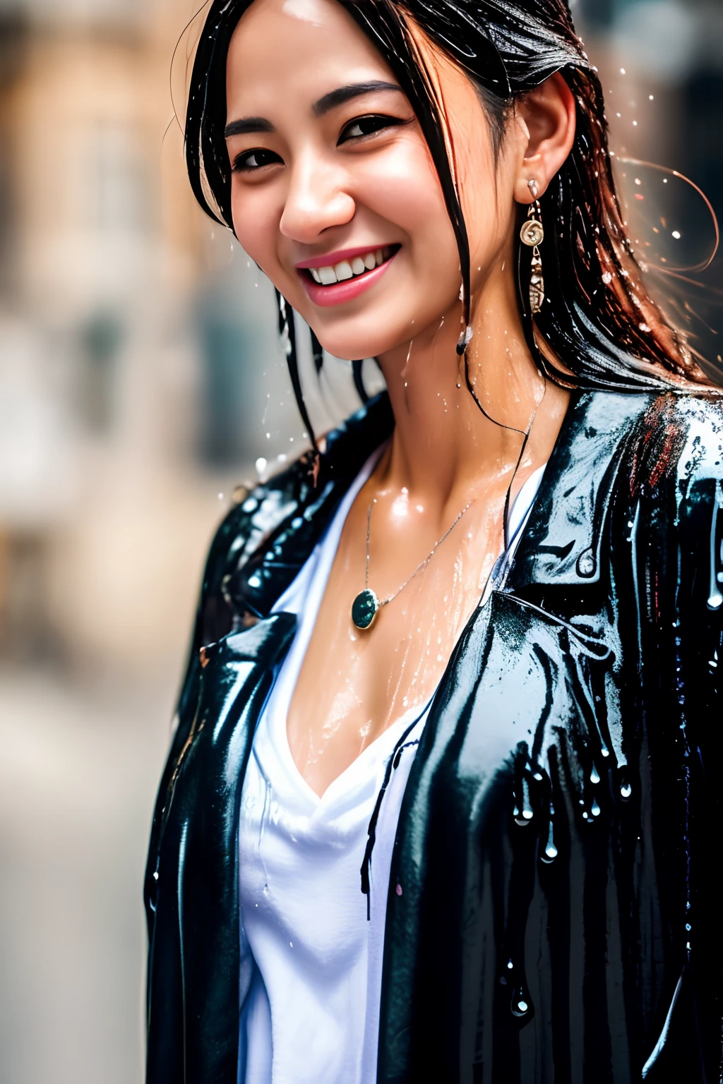 Korean Woman walking  ((on city street)),  ((fully clothed)), ((overcoat)), white shirt, ((barefoot)), jewelry, large earrings, closeup fantasy with water magic, housewife, late night, dark, busy street, cinematic, playful, gentle smile, clothes made of water, photorealistic, dripping wet, beautiful realistic photo, hyperrealistic fantasy photo,  close up, narrow depth of field, 8k, ((drenched)), ((soaked)), (dripping water), dripping oil, heavy clothes, soaked in oil, medium breasts, wet street, wet all over, wet dripping hair, varied poses, portrait, close-up