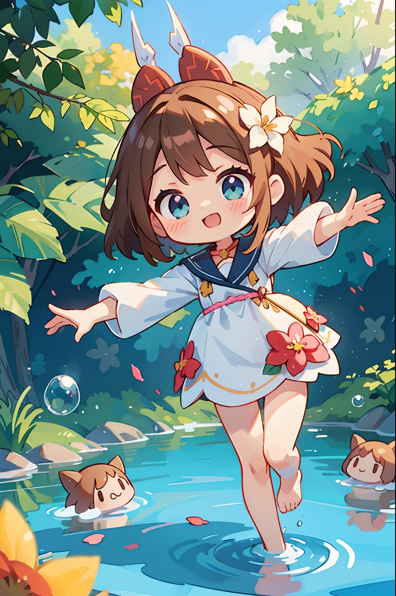 photoRealstic、Doll standing in front of the painting、swim wears、laugh face、Water droplets on the cheeks、Take an outstretched pose、Sengai、pixiv、rokoko、dollfie dream、watercolor Nendoroid、(High Definition Figure)、Flowing iridescent silk、nendroid、up of face、There are also flowers in front of the nendroids、Morning glory petals、season!!: 夏☀ 🍂 朝顔