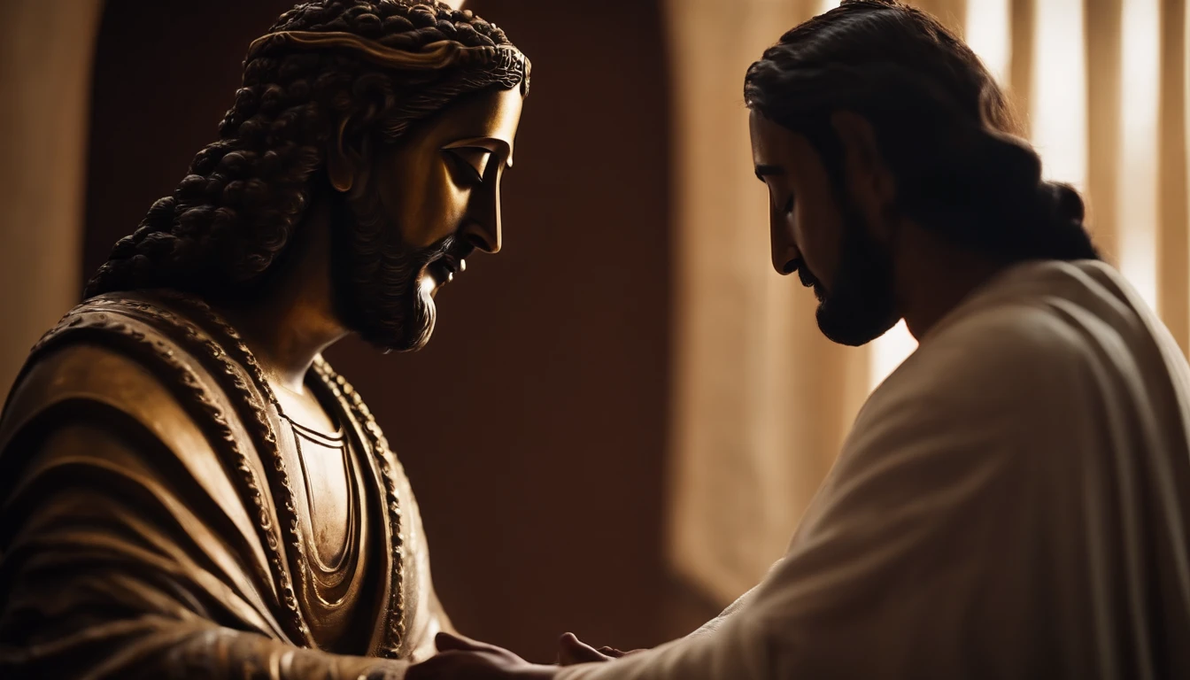 jesus bows respectfully to the buddha, and the buddha is stroking jesus'head