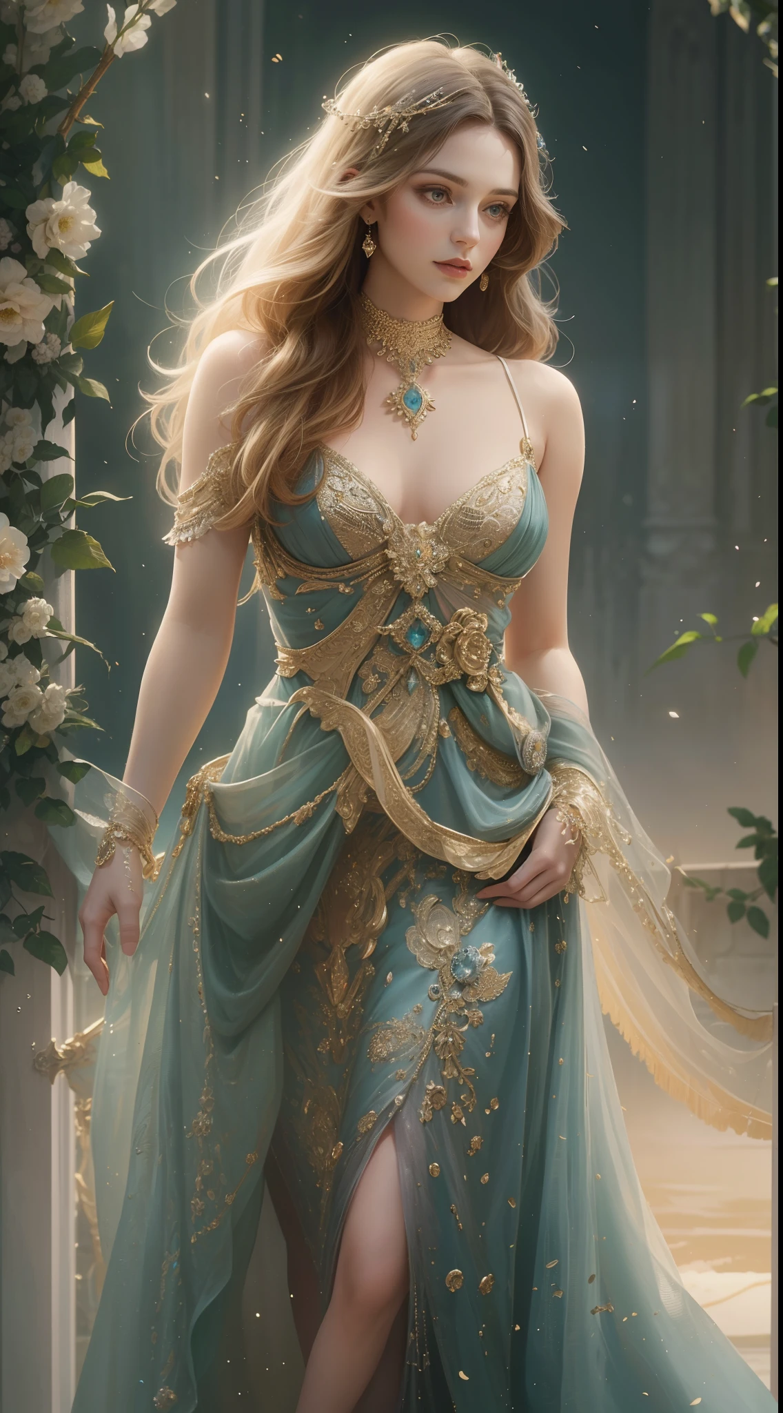 (Best quality,8K,A high resolution,Masterpiece:1.2),Ultra-detailed,(Realistic,Photorealistic,photo-realistic:1.37),Portrait,Creative style artwork,Historical,classical,Sophisticated,plethora of colors,Highly detailed,Soft lighting,luxurious environment,Delicate fairy flowing dress,Vibrant flowers,detailed jewellery,Ethereal atmosphere,Elegant Pose,Graceful curves,Gold body proportions,Flowing hair,Breathtaking textile patterns,Harsh purple eyes,Delicate floral decoration,A dazzling array of crystal accessories,Mysterious and dreamy atmosphere,Impeccable attention to detail.
