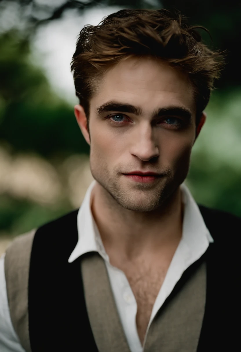 robert pattinson, Um jovem, com dentes de vampiro, pele muito branca, olhos brancos, com roupa de vampiro e asas de morcego posando sem camisa em um fundo de castelo