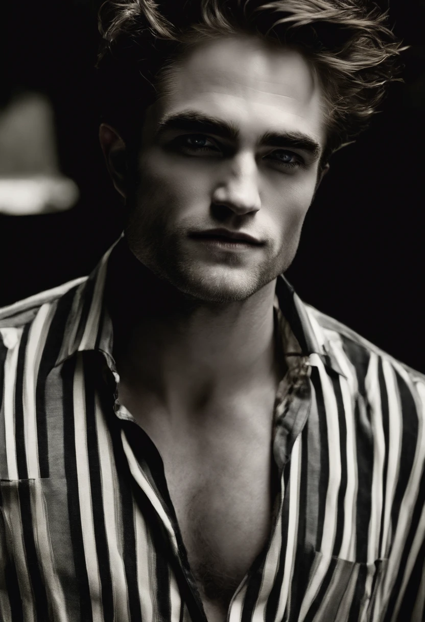 robert pattinson, Um jovem, com dentes de vampiro, pele muito branca, olhos brancos, com roupa de vampiro e asas de morcego posando sem camisa em um fundo de castelo