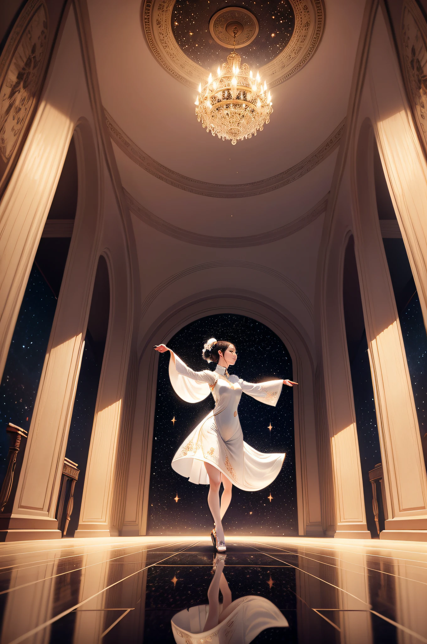 A dancing girl in a white striking qipao in a hall of decadent mirrors, her reflections clear across the magnificant hall that tapers towards eternity in a sea of birthing stars that herald the start of a nexus of incandescent possibilities