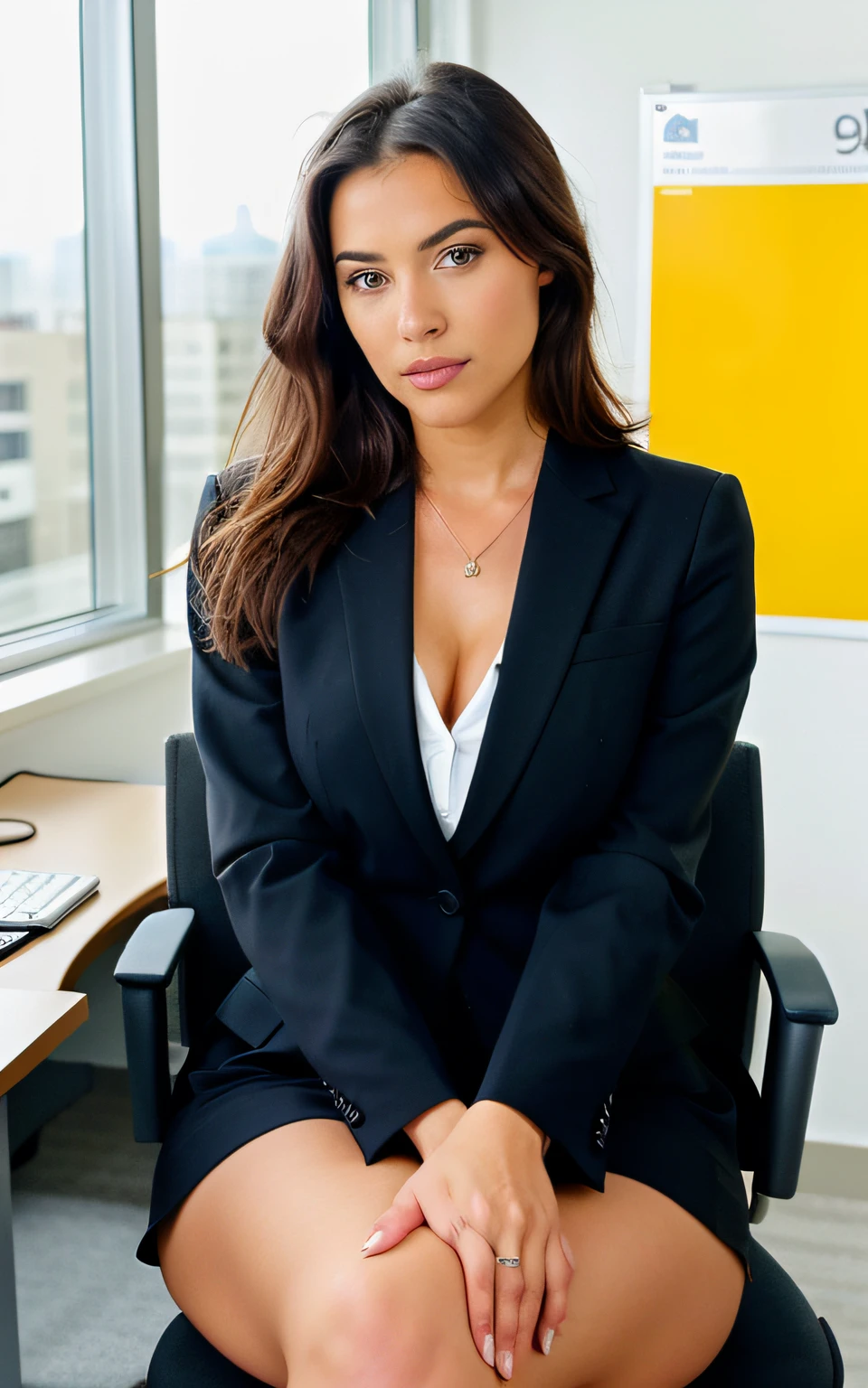 Kodak professional camera photo of a beautiful female professional business woman, with closed lips sitting in an office. She is wearing professional business attire. She is looking directly into the camera lense. The photo is for a professional business magazine cover. High resolution